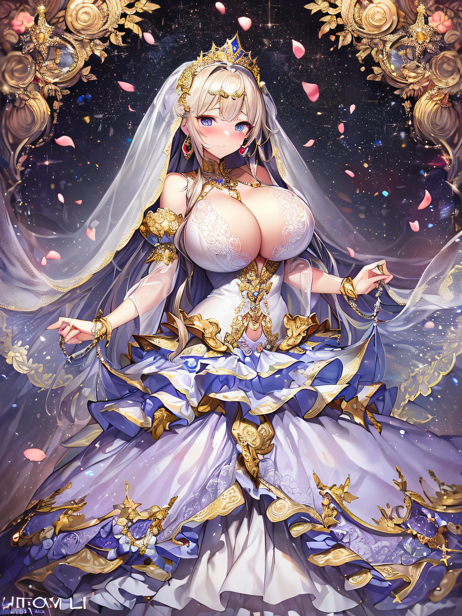 ((anime artstyle)),(Masterpiece),(Best Quality), (Super Detail),((Very Delicate and Beautiful)),(((Solo))),((full body)),standing,(((1 bling-bling princess in beautiful embroidery and jeweled gorgeous See-through wedding ball gown dress with voluminous full length hoop skirt))),bling-bling,Long train,(bling-bling gorgeous gemstone jewelry),detailed face and eyes,jewel-like eyes,cry,((embarrassed)),anguish,((large amount of straight hair,extremely voluminous Very Long Hair,Very Long Straight Hair)),(((gigantic tits,Long tits))),cleavage,(gorgeousfull embroidery and lace),gorgeous corsage,See-through,extremely gorgeousfull hair ornament,((bling-bling extremely gorgeousfull jeweled tiara)),(Very long bridal veil),ornate ruffles,(hoop skirt,crinoline),white lily flowers, flower petals flowing,((Dynamic Angle)),Looking at viewer,((full body)),((beautiful embroidery and jeweled extremely gorgeous See-through wedding ball gown dress with voluminous full length hoop skirt))