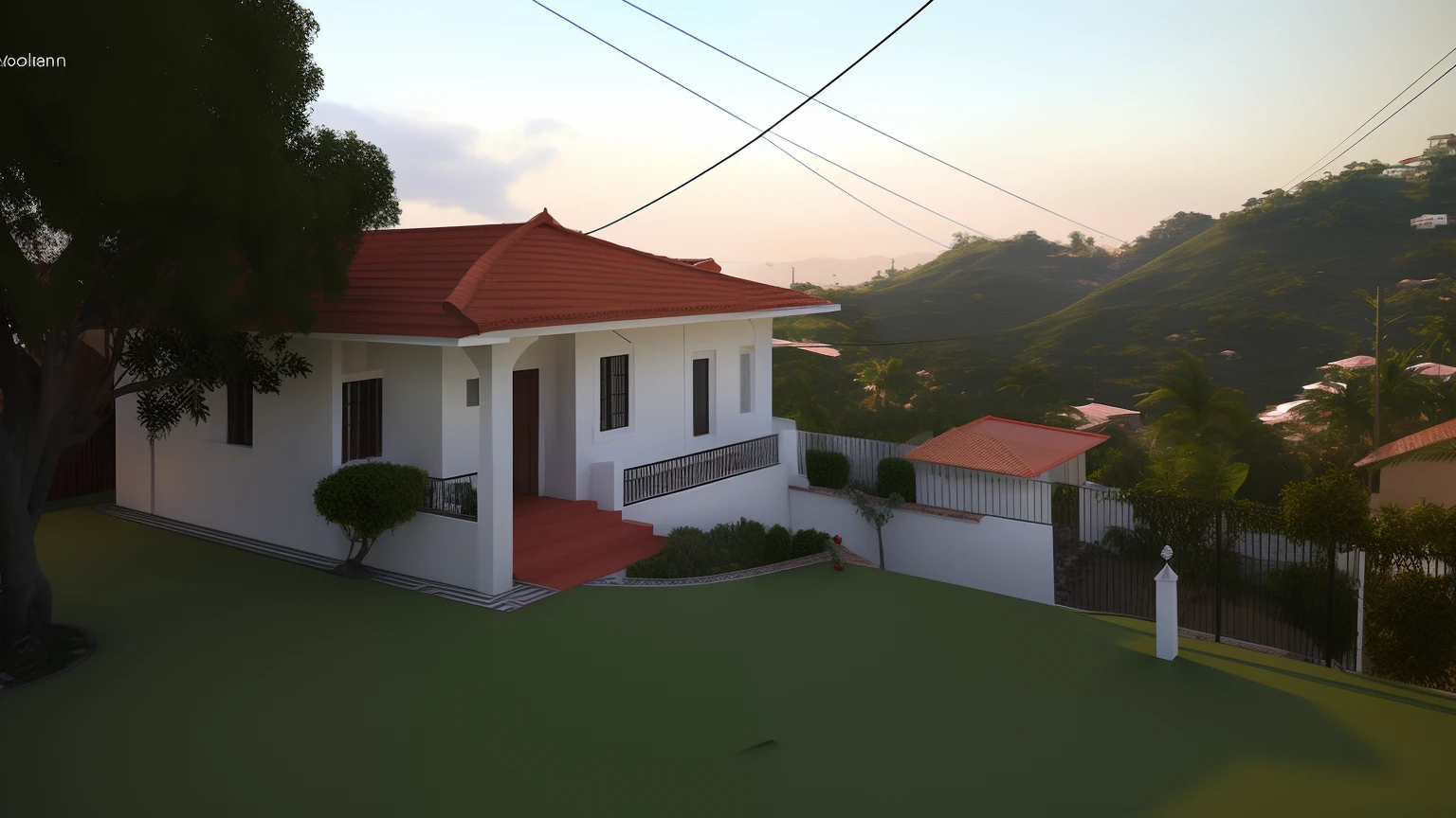 There is a small white house with a red roof and a red tile roof, Lumion Pro Rendering, Directed by: CeFerí Olivé, vista externa, Vista exterior, Casa completa, imagem frontal, casa de aldeia, Location ( favela ), visto de fora, uma casa, Casa colonial no fundo, by Rodolfo Amoedo, Casas, Directed by: Willian Murai, vista frontal, casa velha, vista frontal