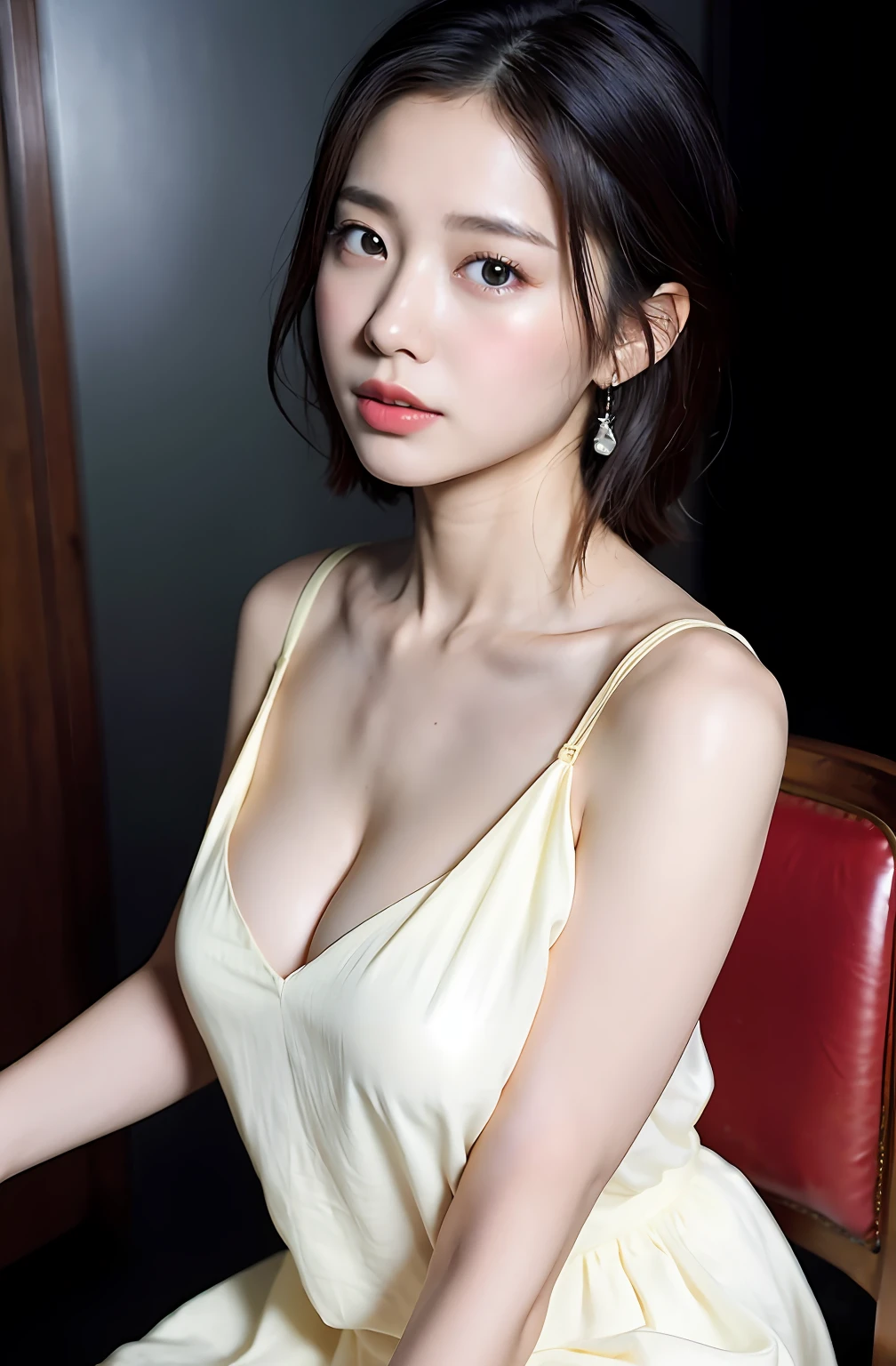 ((8K:1.27)、top-quality、​masterpiece、超A high resolution:1.2)Photo Beautiful Japan woman(pleasing:1.1) Elegance、There is a good、Gradient lighting、1girl in、Delicate skin、Look here、Brown-eyed、(short hair with bangs:1.2)、(Medium chest:1.0)、(medium areola:0.8)、(realisitic:1.4)、(top-quality:1.0)、(超A high resolution:1.0)、8K、Raw photography、(​masterpiece:0.2)、(pureerosface_v1:0.5)、 Clothes with classic designs、Actress style of the 60s、Retro dresses、classical、shirt dress、Sleeveless、Chest invisible design、excited expressions、Red cheeks、want me、subject、look down from above、Lean、Good posture、up chest、slightly drunk、Tired and sleepy、s Office、sit a chair、sleepy、Drunk、huge tit、cleavage of the breast、
