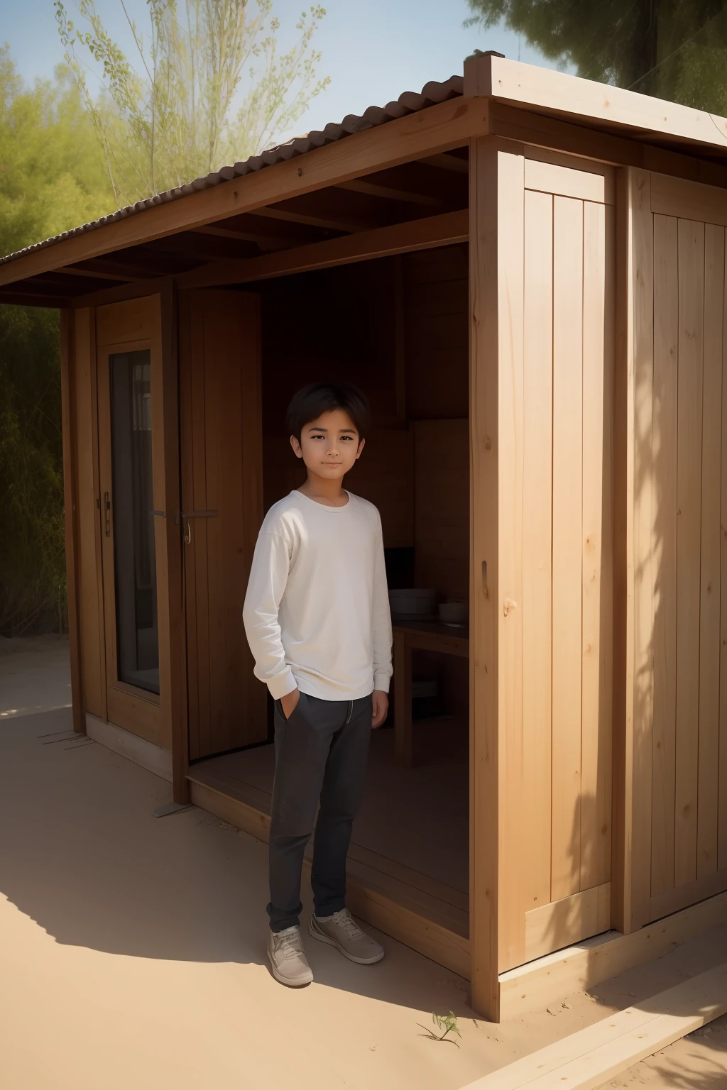 best qualtiy，80shair。，Heads-up，A half body，Back shadow，Young person，small wooden house in the background