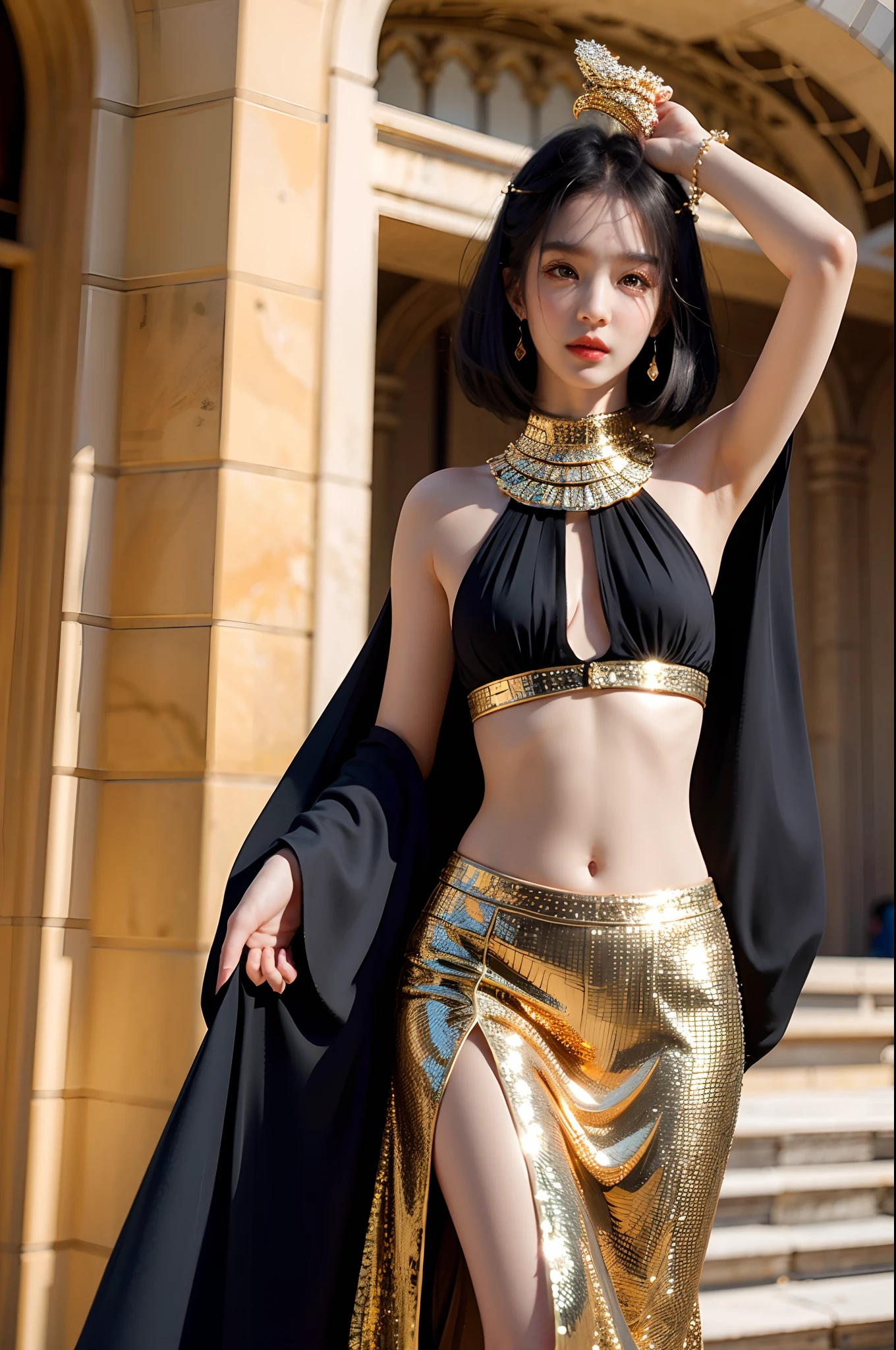 stunningly beautiful (aeolian:1.5) wlop perfect full  HDR body black hair and dress princess exposed midriff