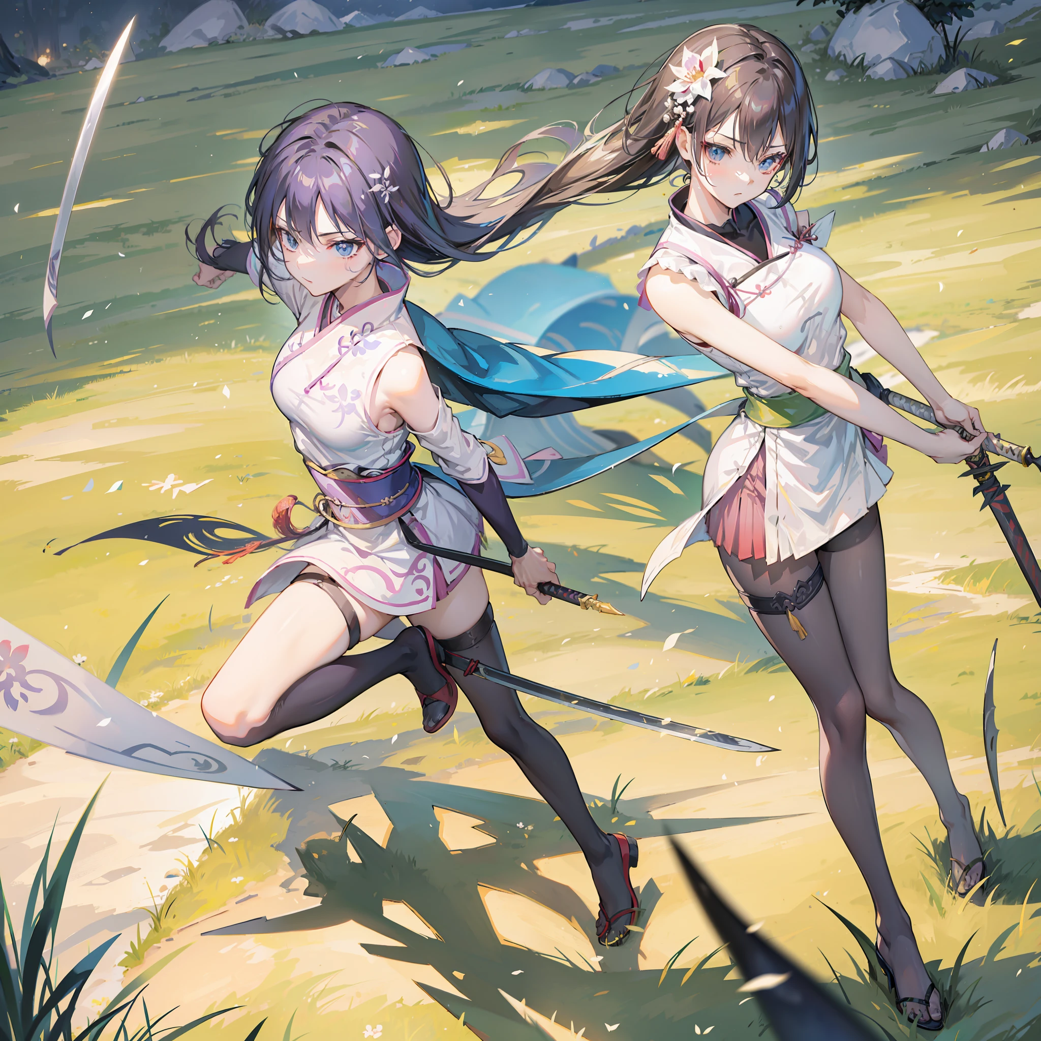 nakeness,Sword drawing pose,quadratic element,Mulan,grass field