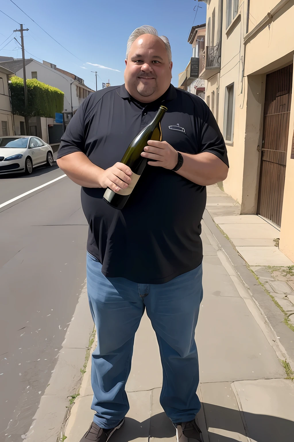 best qualtiy，80shair，Heads-up，A half body，Back Shadow，Middle-aged fat man，Holding a wine bottle in hand，street in the background