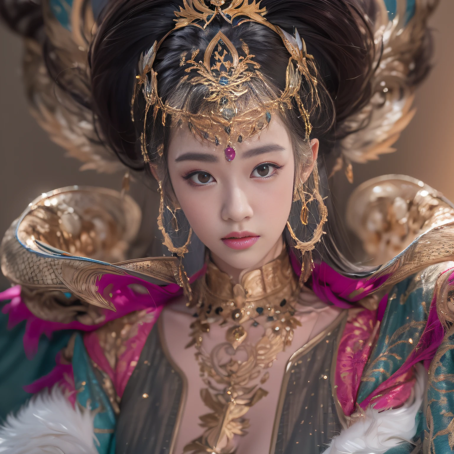 16k(tmasterpiece,k hd,hyper HD,16k)short detailed hair,Gold jewelry area in the back room,Female king ,Silver Dragon Protector (realisticlying:1.4),Python pattern robe,Purple-pink tiara,Snowflakes fluttering,The background is pure,Hold your head high,Be proud,The nostrils look at people, A high resolution, the detail, RAW photogr, Sharp Re, Nikon D850 Film Stock Photo by Jefferies Lee 4 Kodak Portra 400 Camera F1.6 shots, Rich colors, ultra-realistic vivid textures, Dramatic lighting, Unreal Engine Art Station Trend, cinestir 800,Hold your head high,Be proud,The nostrils look at people