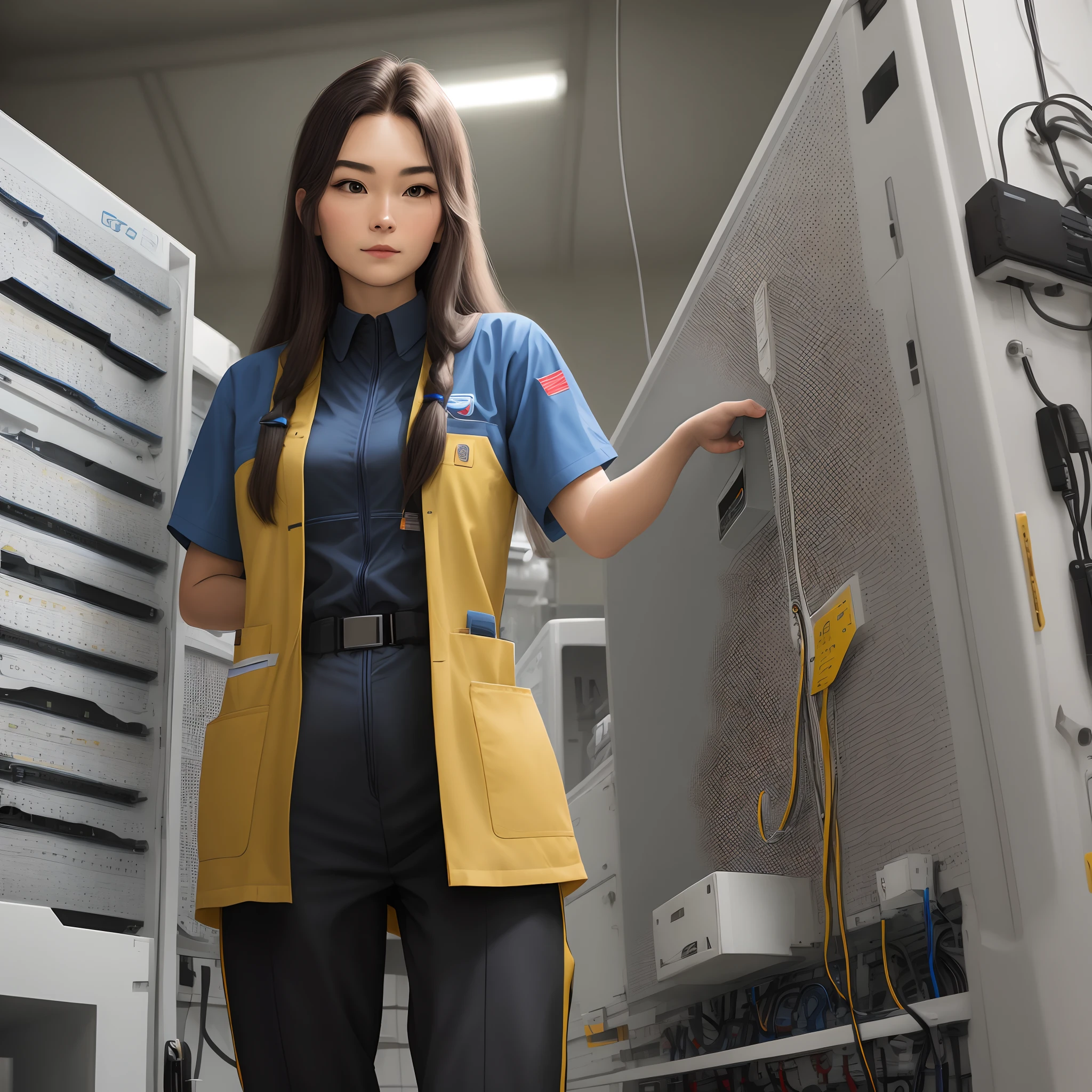 55,The clothes are long hair in a technician's suit