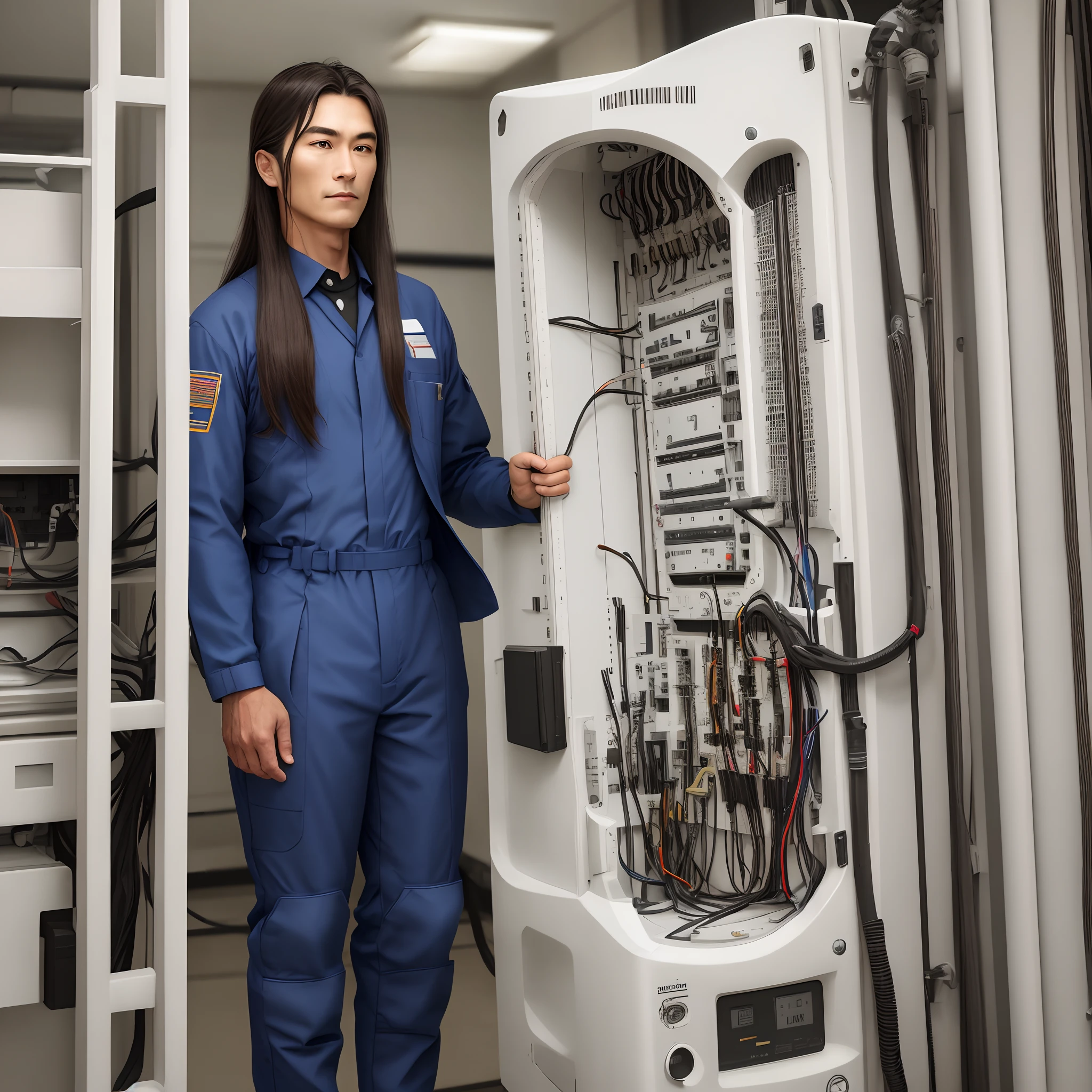 55，The clothes are long hair in a technician's suit