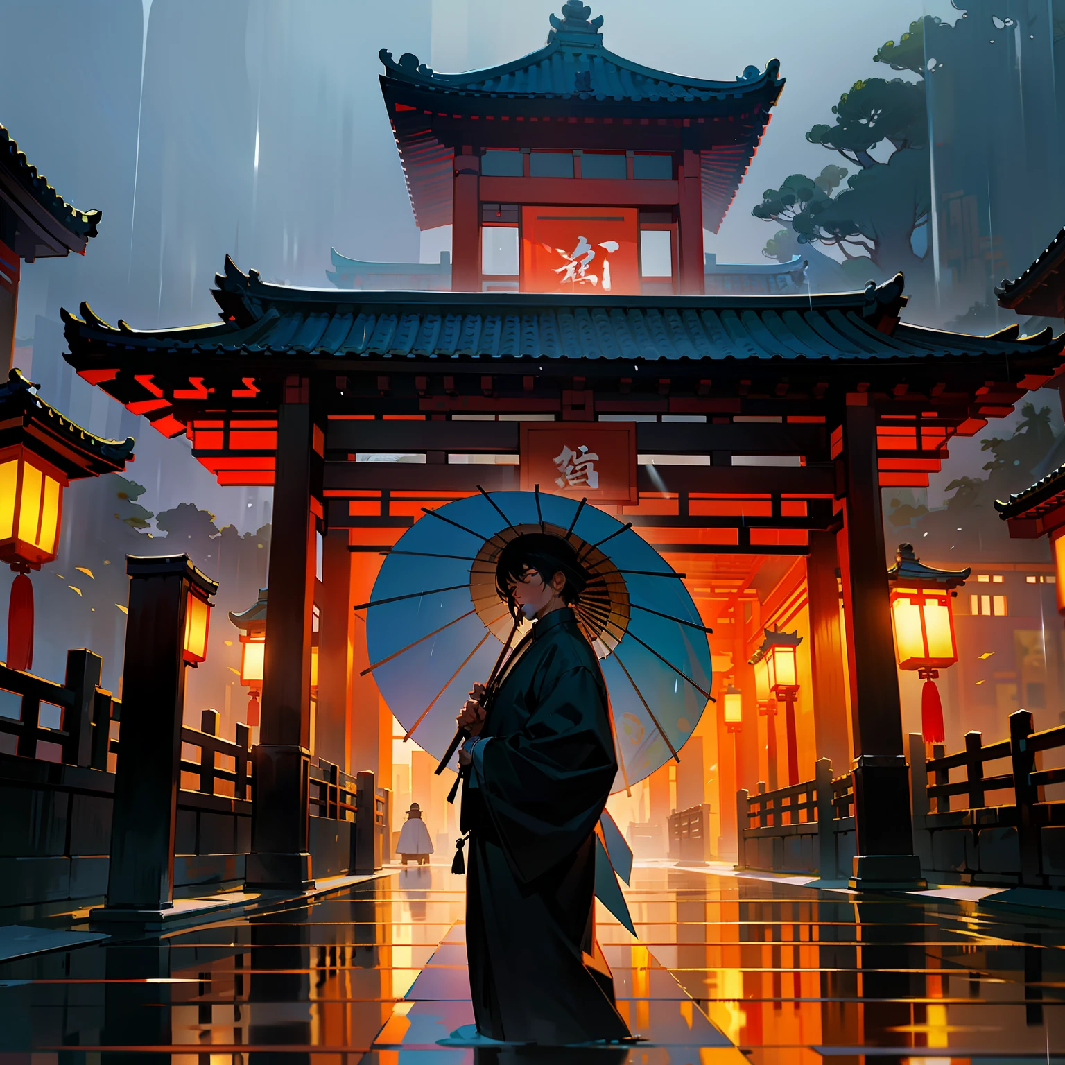 Spring rain,springtime,the night,alleys,Bluestone Lane,Scenery of Jiangnan in China,The poet stands on a tall building and looks out the window(The poet only shows his head),Man with oil-paper umbrella,Chinese-style architecture,Wooden construction,Ancient Chinese style,Tang dynasty architecture,High picture quality,Faraway view,Passerby's perspective,chinese paintings,a sense of atmosphere,Hyper-realistic,Conforms to perspective