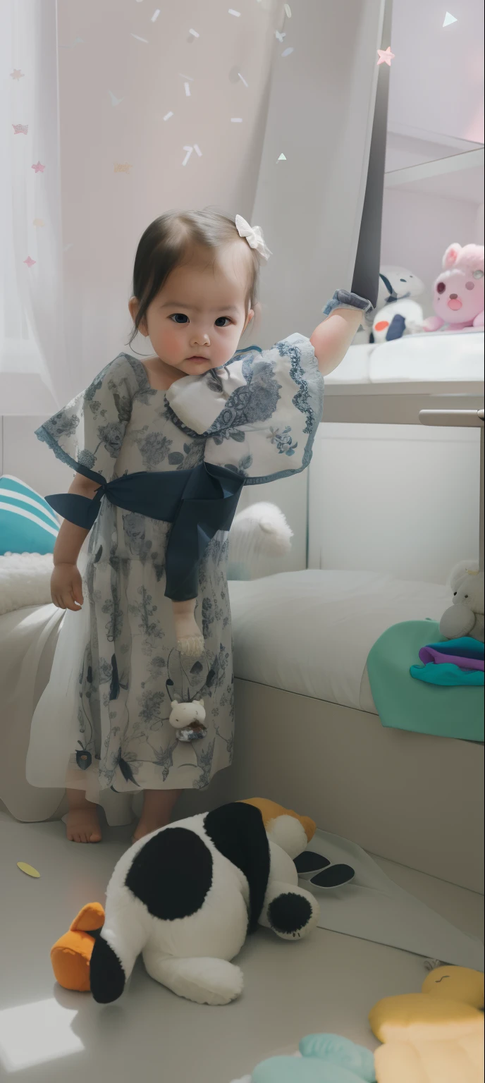 On the floor there is a baby standing next to a stuffed animal, ruan jia beautiful!, , Wearing a gorgeous dress, sitting on her bed, Hana Alyssa Omar, Wearing a dress, wearing dresses, is wearing dress, She was about 2 years old