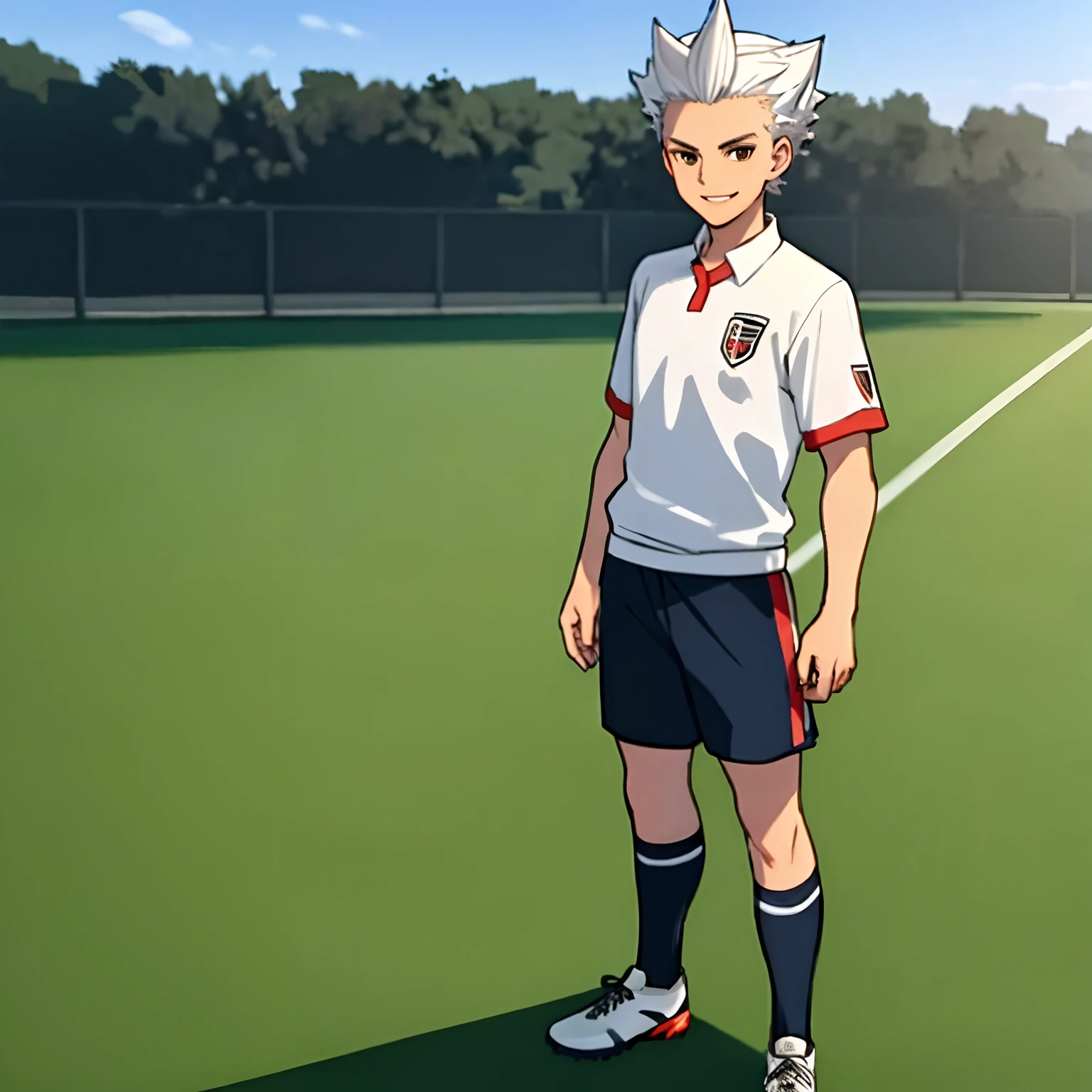 best quality,masterpiece,8k quality,best pixels,1boy,mature_man,Axel Blaze,(white hair),soccer field,facing the viewer,standing,holding a soccer ball,smiling
