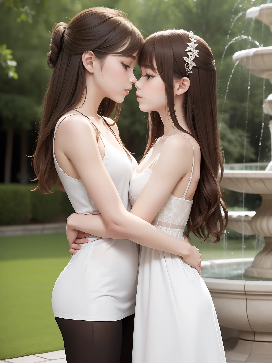 masuter piece, best qualtiy, ((realisitic)), 8K picture quality, (((twin sisters))), extremely delicate and beautiful, magnifica, Official art with attention to detail, Ridiculous, unbelievable Ridiculous, (Put the head in the frame), huge filesize, ultra-detailliert, ighly detailed, (Cute s), (Petite and pretty girl), (Korean beauty), ((Perfect female figure)), Slim waist, brown haired, White camisole dress, ((Hugging and kissing in front of the fountain)), ssmile
