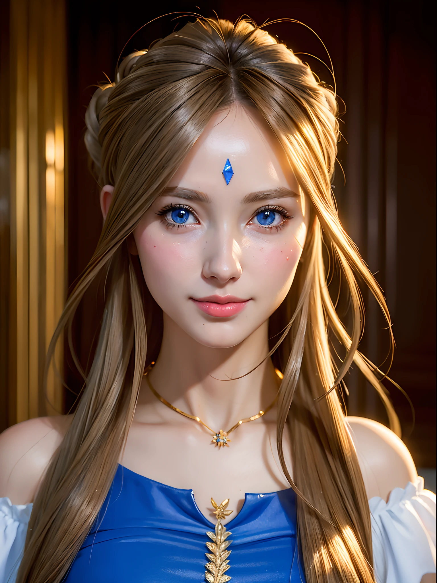 (masterpiece, best quality:1.4), (standing:1.2), (upper body:1.2), 1girl, solo, (european youth:1), Belldandy, Belldandy_Blue_Dress, necklace, (goddess face symbols:0.5), looking at viewer, beautifull smile, beautiful face, highly detailed face, highly detailed eyes, highly detailed skin, skin pores, subsurface scattering, realistic pupils, full face blush, full lips, detailed background, depth of field, volumetric lighting, sharp focus, absurdres, realistic proportions, good anatomy, (realistic, hyperrealistic:1.4), 16k hdr,