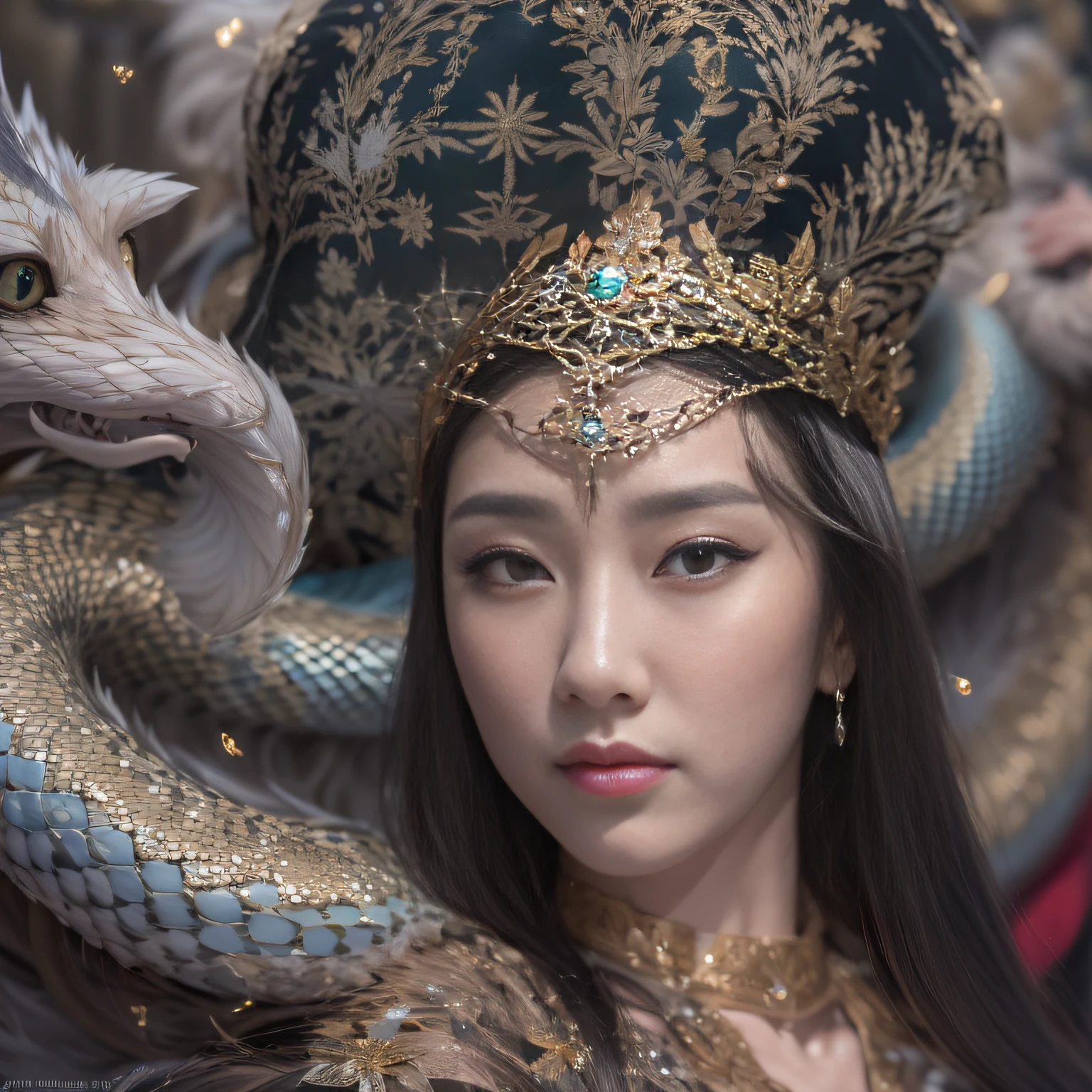 16k（tmasterpiece，k hd，hyper HD，16k）short detailed hair，Gold jewelry area in the back room，King Girl ，Silver Dragon Protector （realisticlying：1.4），Python pattern robe，Purple-pink tiara，Snowflakes fluttering，The background is pure，Hold your head high，Be proud，The nostrils look at people， A high resolution， the detail， RAW photogr， Sharp Re， Nikon D850 Film Stock Photo by Jefferies Lee 4 Kodak Portra 400 Camera F1.6 shots, Rich colors, ultra-realistic vivid textures, Dramatic lighting, Unreal Engine Art Station Trend, cinestir 800，Hold your head high，Be proud，The nostrils look at people