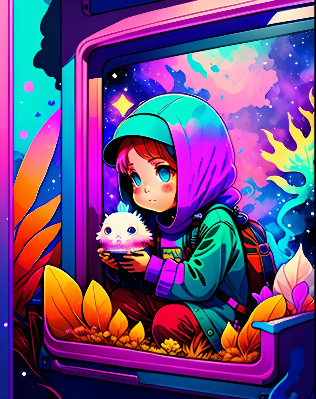 photo of  a explorer with an axolotl as a pet inside the space with a psychedelic backgroun, style of laurie greasley, studio ghibli, akira toriyama, james gilleard, genshin impact, trending pixiv fanbox, acrylic palette knife, 4k, vibrant colors, devinart, trending on artstation, low details
