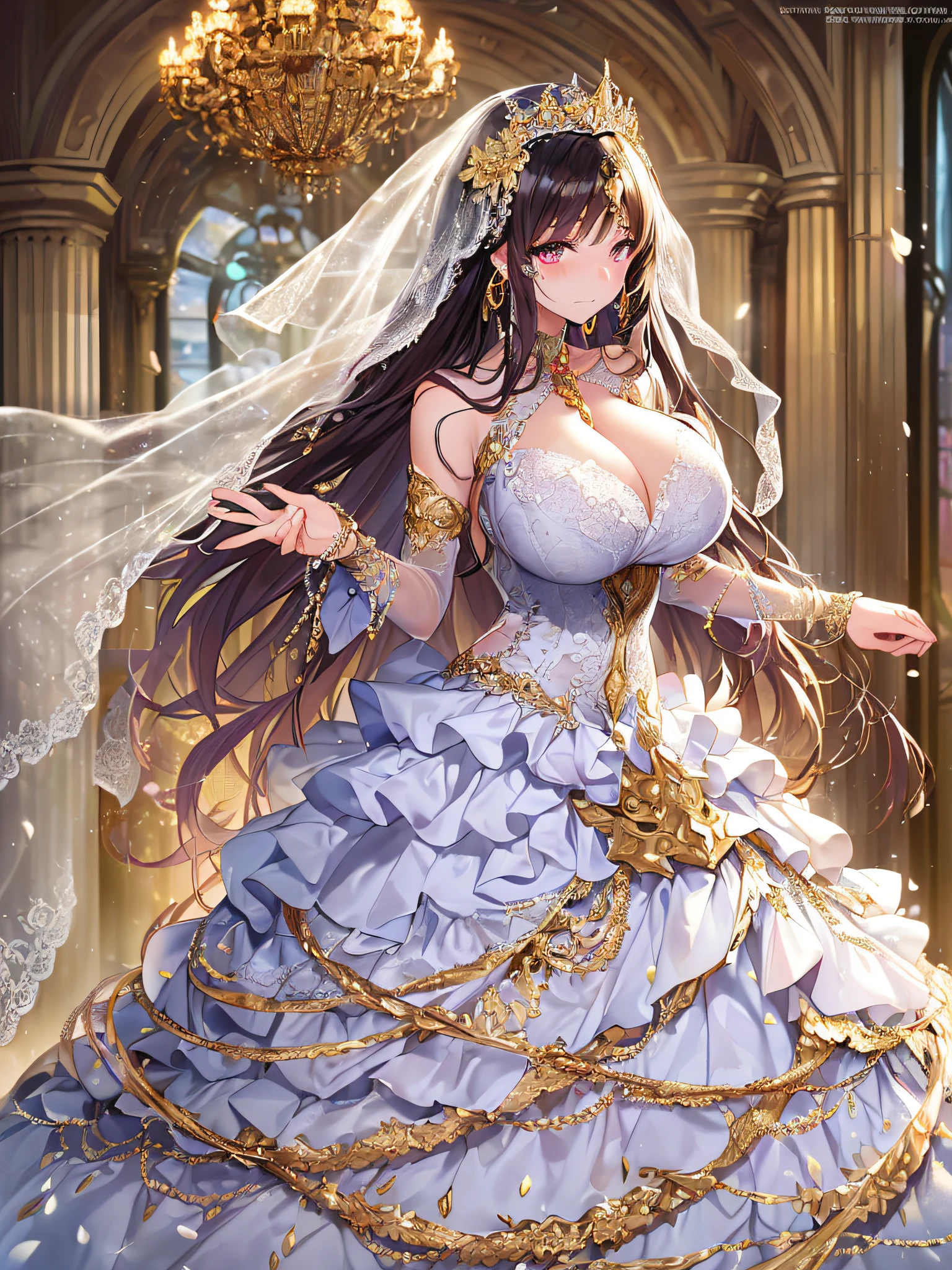((anime artstyle)),(Masterpiece),(Best Quality), (Super Detail),((Very Delicate and Beautiful)),(((Solo))),((full body)),standing,(((1 bling-bling princess in beautiful embroidery and jeweled gorgeous See-through wedding ball gown dress with voluminous full length hoop skirt))),bling-bling,Long train,(bling-bling gorgeous gemstone jewelry),detailed face and eyes,jewel-like eyes,cry,((embarrassed)),anguish,((large amount of straight hair,extremely voluminous Very Long Hair,Very Long Straight Hair)),(((gigantic tits,Long tits))),cleavage,(gorgeousfull embroidery and lace),gorgeous corsage,See-through,extremely gorgeousfull hair ornament,((bling-bling extremely gorgeousfull jeweled tiara)),(Very long bridal veil),ornate ruffles,(hoop skirt,crinoline),white lily flowers, flower petals flowing,((Dynamic Angle)),Looking at viewer,((full body)),((beautiful embroidery and jeweled extremely gorgeous See-through wedding ball gown dress with voluminous full length hoop skirt))