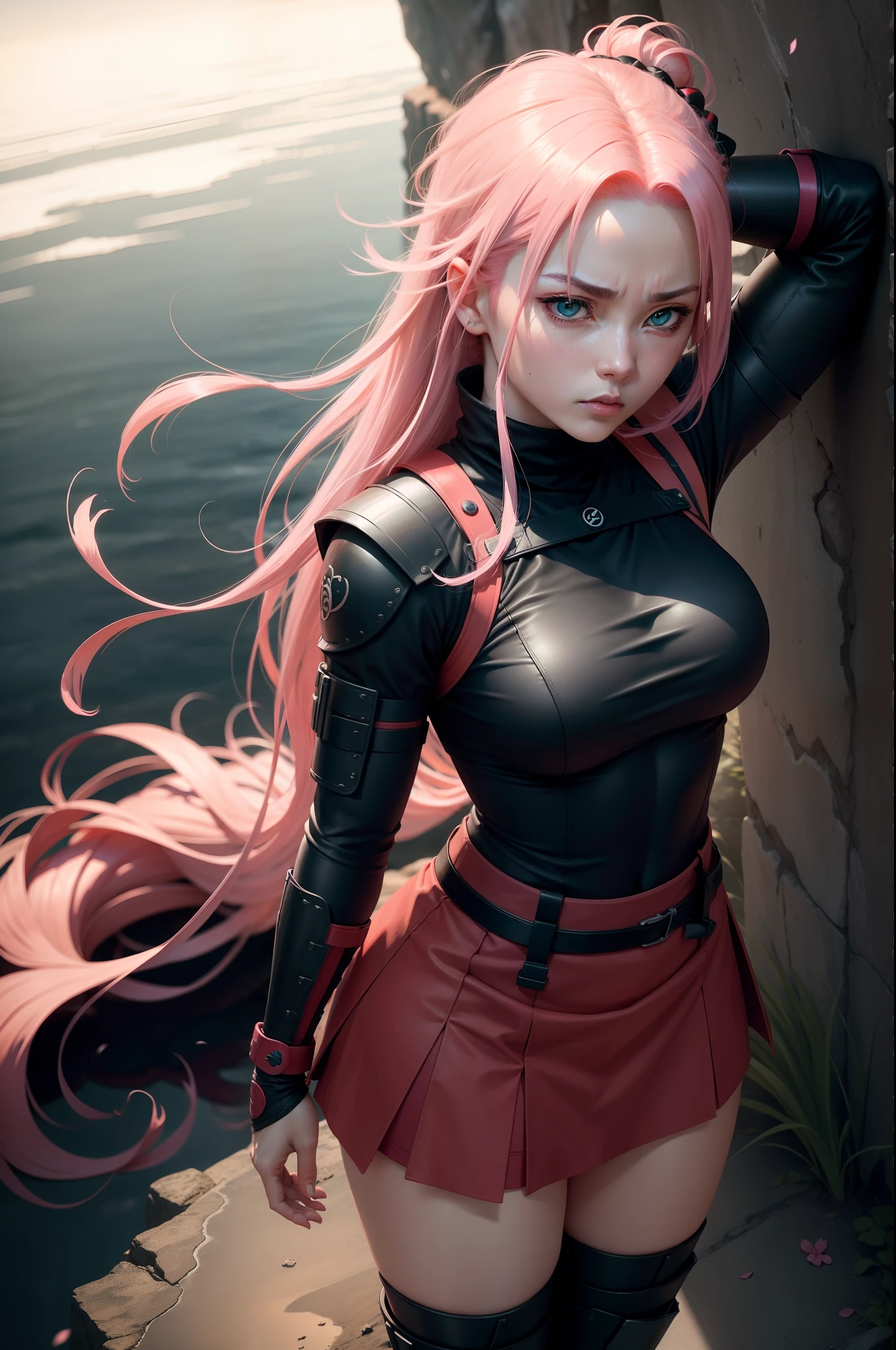 Sakura Haruno, a determined and compassionate ninja of Konoha village, stands in her recognizable red outfit, symbolizing her fiery spirit. Her green eyes gleam with intelligence, and her pink hair flows like a battle flag."
[3] with "The background is a void of pure black, a stark contrast that emphasizes Sakura's presence, as though she's standing on the precipice of an abyss, highlighting the isolation of her warrior's path."
[4] with "The mood is intense and serious, reflecting Sakura's determination and willpower. It evokes a sense of inner strength and focus."
[5] with "The atmosphere is heavy and mysterious, filled with anticipation. The stark contrast between Sakura and the black background creates a suspenseful and dramatic tone."