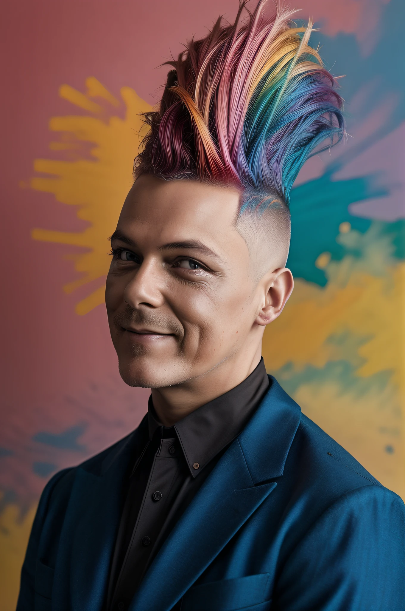 "analog style, modelshoot style, full body shot of a man with sks by Flora Borsi, Flora Borsi's signature style, vibrant colors, bold and bright, rainbow Mohawk haircut, Flora Borsi inspiration"