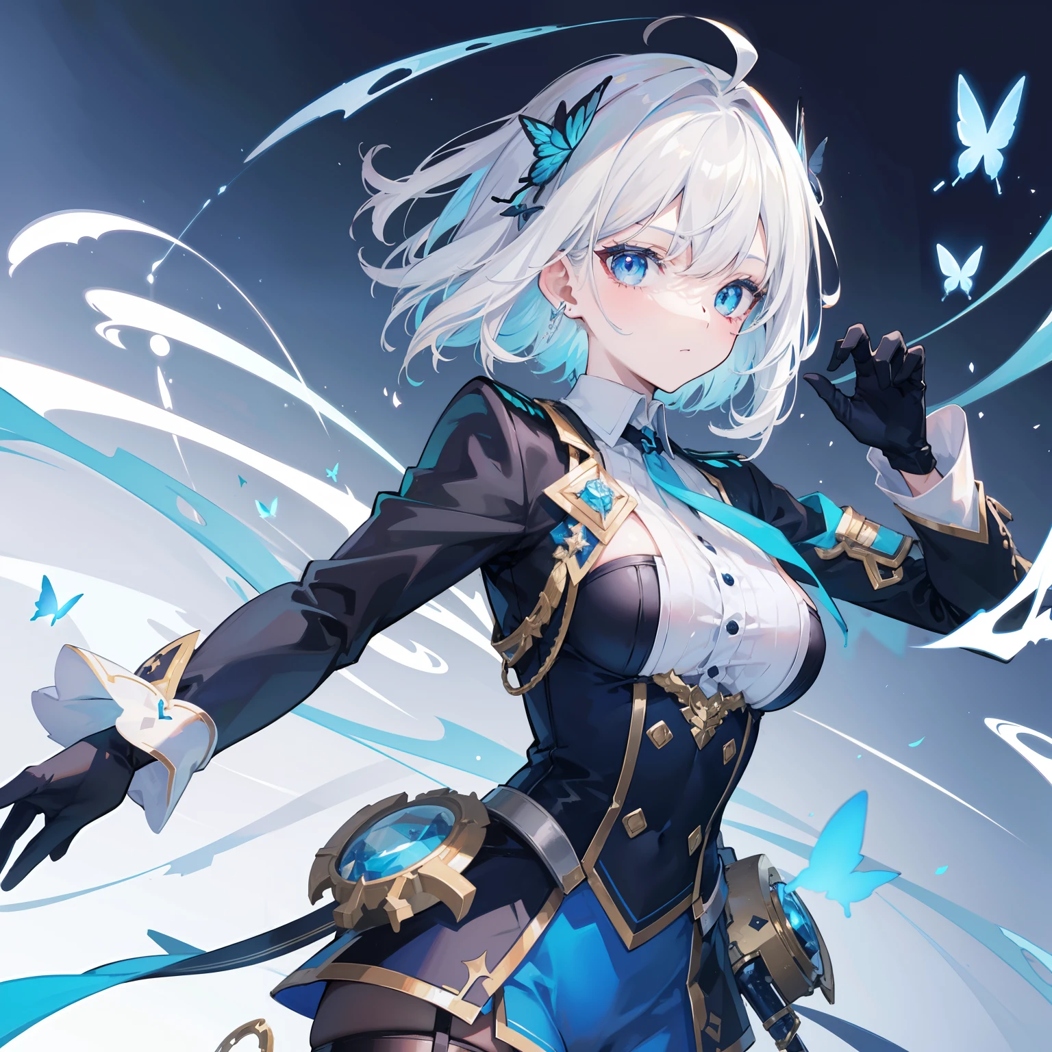 masterpiece, Top quality, Ultra high definition, Maximum resolution, Very detailed, Very detailed eyes, girl, White hair, blue highlights, cyan left eyes, blue right eyes, teenager, (lady nobility cloth), neat outfits, costume with blue accents, shirt(white), shirt collar, short white pant, medium short hair, solo, wearing gloves, left white gloves, black right gloves, ahoge, long sleeves shirt, butterfly, frilled , mismatched gloves, thigh straps, medium breasts, full portrait of elementalist, mismatched pupils, multicolored eyes, high quality, best quality,