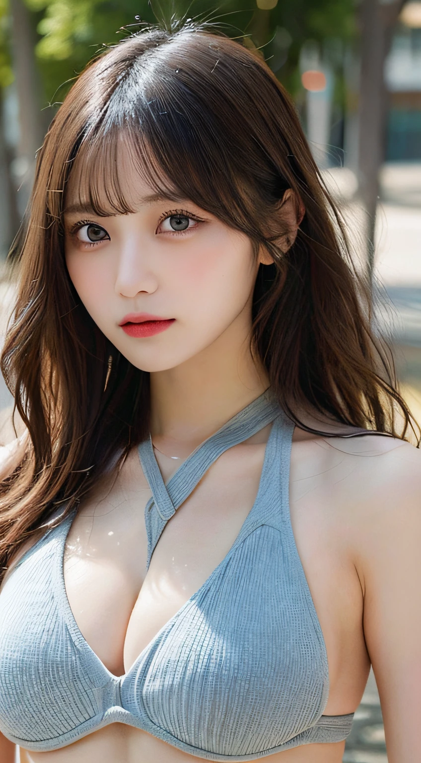 masutepiece, Best Quality, Illustration, Ultra-detailed, finely detail, hight resolution, 8K Wallpaper, Perfect dynamic composition, Beautiful detailed eyes, Cross Halter Neck Bikini, Long hair, Big breasts, Natural Color Lip,random situations, Random sexy poses,hair blowing in wind