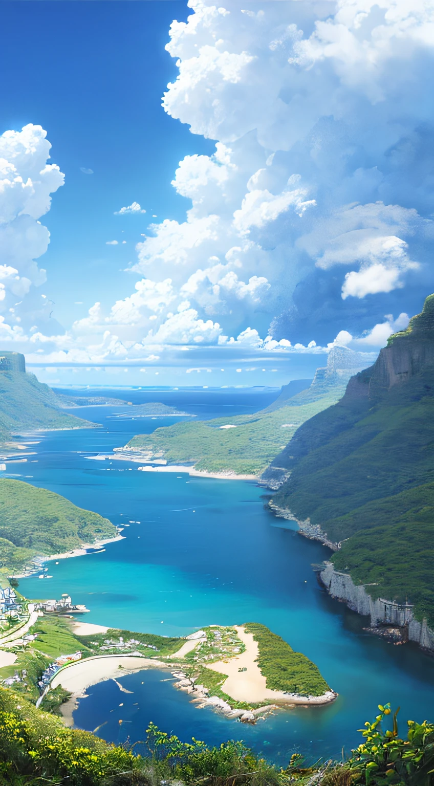 Clouds、Blue sky、strait,A gentle breeze blows the sea,Pure scenery,Don't show up characters+1.5, Quiet and idyllic,high definition detail、Ultra-detailed and refined presentation,Cinematic surrealism,Soft light on the background,Deep focus and bokeh effects,Ray tracing and surrealist art style