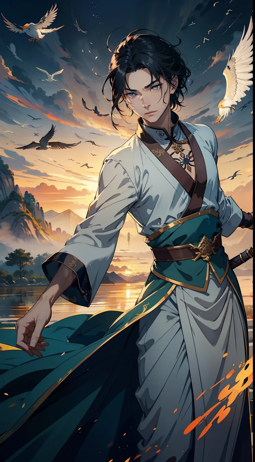 Ancient Chinese cultivation immortal path masters wielding swords，The appearance of a male elderly，The facial expression is full and peaceful，The eyes are firm and bright，（Extremely detailed and perfect facial details）closeup cleavage，（Full body appearance），（Silk silk clothes），The background is the mountain，Crane，Flying birds，drak，Surrealist illusory scenes，The setting sun shines obliquely through the clouds，（Noticeable light and shadow effects），（Magical epic style），（Masterpiece），（HighestQuali），（8k wallpaper），（Master painting），（Ink painting style），（Splash ink），（Paint splashes），（Photography Award），photorealestic，realisticlying