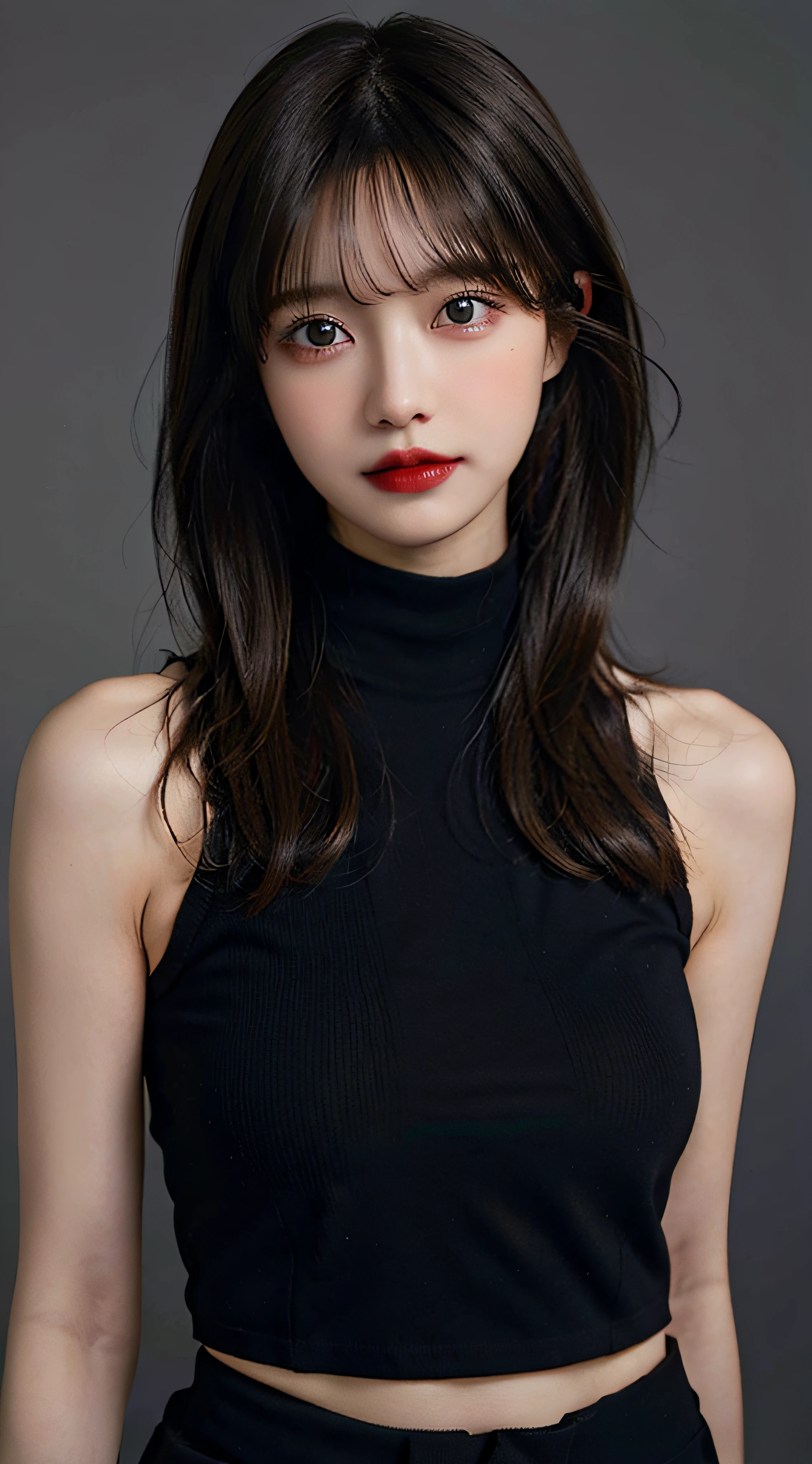 Girls, Bangs, Bare Shoulders, Black Pants, Breasts, Breasts squeezed together, Grey background, Hair between the eyes, Huge breasts, Long hair, View Viewer, Pants, Parted lips, Red eyes, Shirt, Simple background, Sleeveless, Sleeveless shirt, Solo, Turtleneck, V arm, White hair,(Shiny skin),(Masterpiece:1.4),(Best quality:1.4),,Facigirl,Red lips,Perfect abs, belly button, (nipple: 1.5), (sheer areola), nipple, huge, sweat,