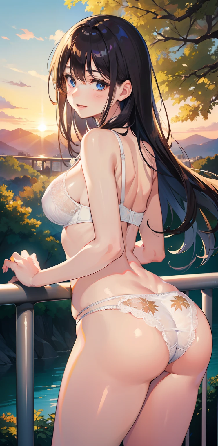 Full size adult woman, blue brown hair color, full height, light blue eyes, smiling, mouth, lips, wearing transparent, intimate, looking back, hand holding handrail, ahageo-shaped grimace, white panties, bra, white skin color, Thighs, sunset, Fringe, lace underwire bra, side locks, mountain, yellow tree leaves