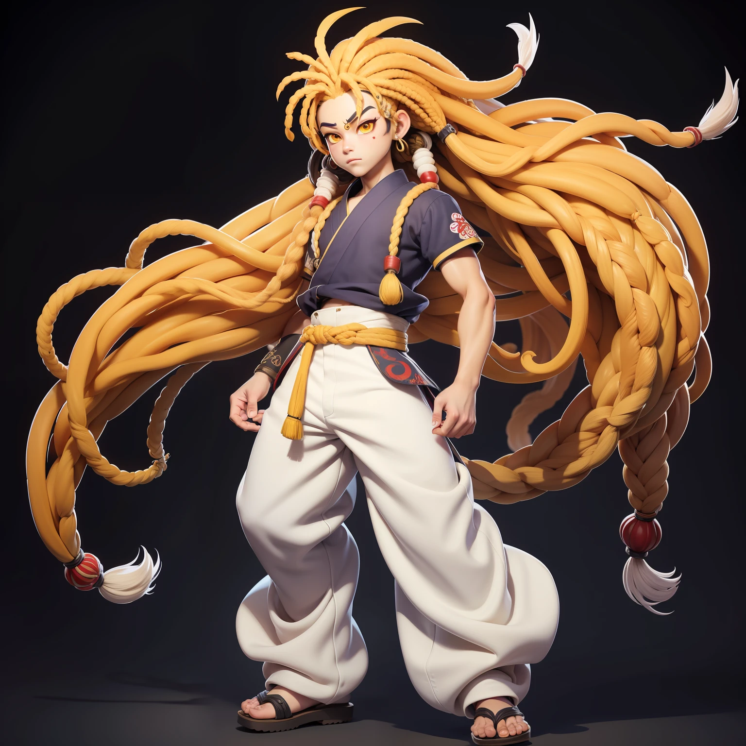 ukiyoe painting, Dreadlocks, Full body shot, No background, White background, Kidboy, Yellow eyes, wide pants, wide view, god