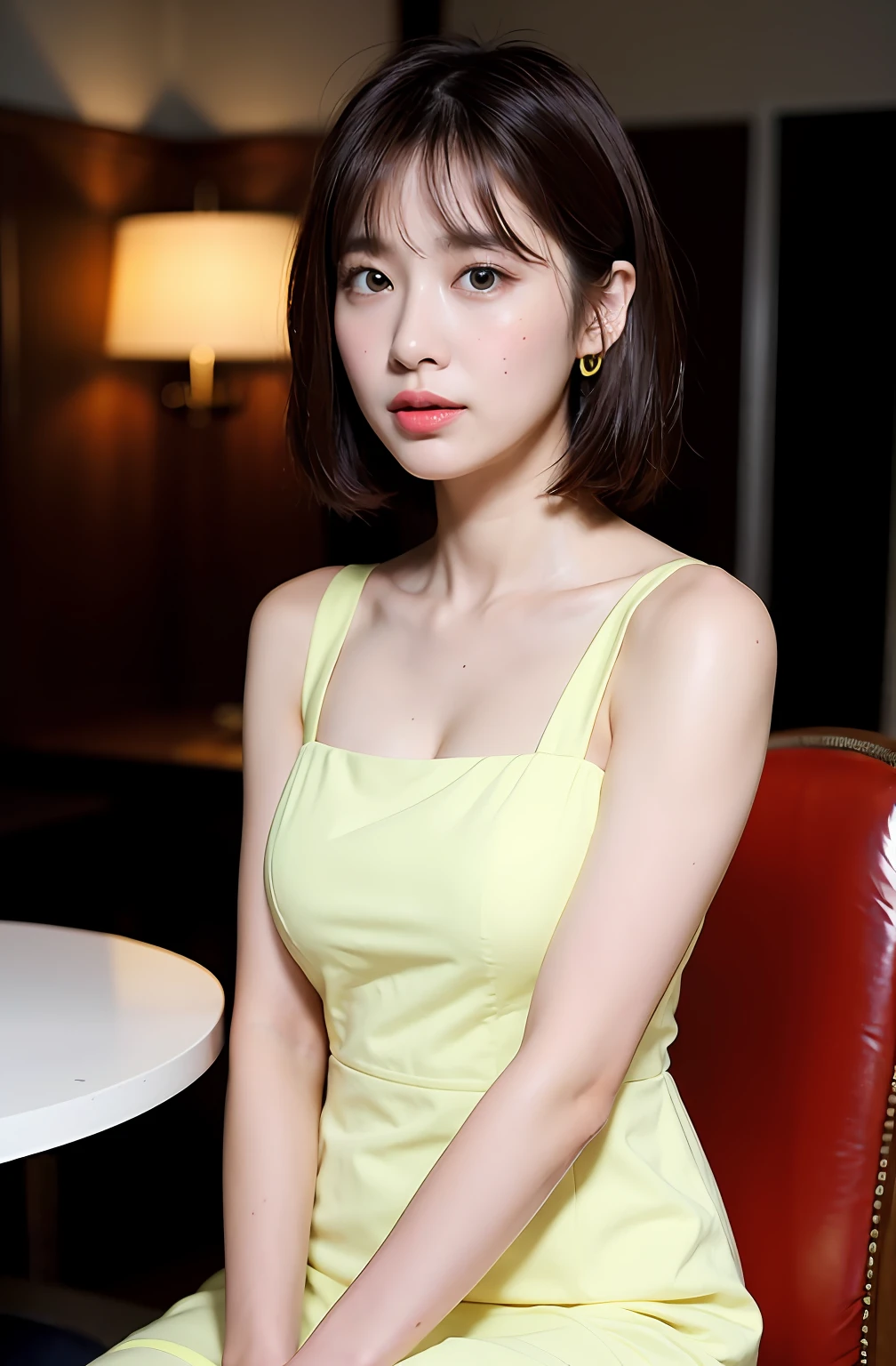 ((8K:1.27)、top-quality、masterpiece、超A high resolution:1.2)Photo Beautiful Japan woman(pleasing:1.1) Elegance、There is a good、Gradient lighting、1girl in、Delicate skin、Look here、Brown-eyed、(short hair with bangs:1.2)、(breasts are very large:1.0)、(medium areola:0.8)、(realisitic:1.4)、(top-quality:1.0)、(超A high resolution:1.0)、8K、Raw photography、(masterpiece:0.2)、(pureerosface_v1:0.5)、 Clothes with classic designs、Actress style of the 60s、Retro dresses、classical、shirt dress、Sleeveless、Chest invisible design、excited expressions、Red cheeks、want me、subject、look down from above、Lean、Good posture、up chest、slightly drunk、Tired and sleepy、s Office、sit a chair、sleepy、Drunk、huge tit、