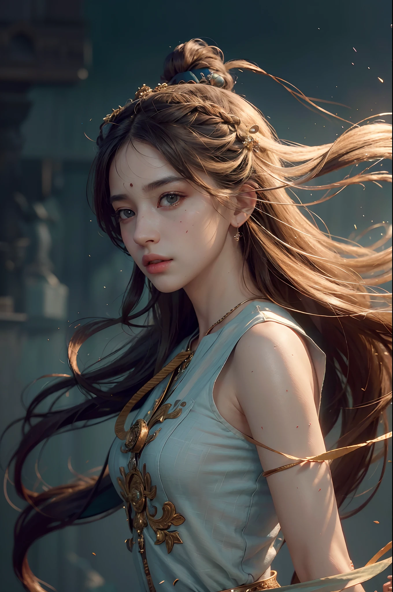 (RAW photo, best quality), (realistic, photo-realistic:1.3),best quality,highly detailed,masterpiece,ultra-detailed,illustration,1girl,upper_body,dynamic angle,world masterpiece theater,messy_long_hair,best quality,extremely detailed CG unity 8k wallpaper,ink,Amazing,cinematic lighting,lens_flare,,dunhuang_style