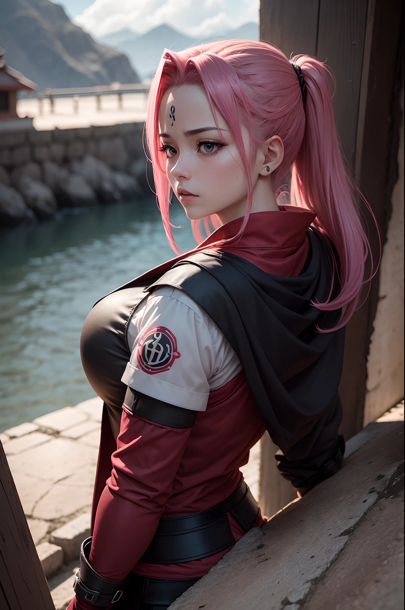 sakura haruno, um ninja determinado e compassivo da vila de Konoha, is in his recognizable red outfit, symbolizing his fiery spirit. His green eyes sparkle with intelligence, e seu cabelo rosa flui como uma bandeira de batalha."
[3] com "The background is a void of pure black, a stark contrast that emphasizes Sakura's presence, as if on the precipice of an abyss, highlighting the isolation of his warrior trajectory."
[4] com "The weather is intense and serious, reflecting Sakura's determination and willpower. It evokes a sense of inner strength and focus."
[5] com "The atmosphere is heavy and mysterious, cheio de expectativa. O contraste gritante entre Sakura e o fundo preto cria um tom de suspense e drama." --auto