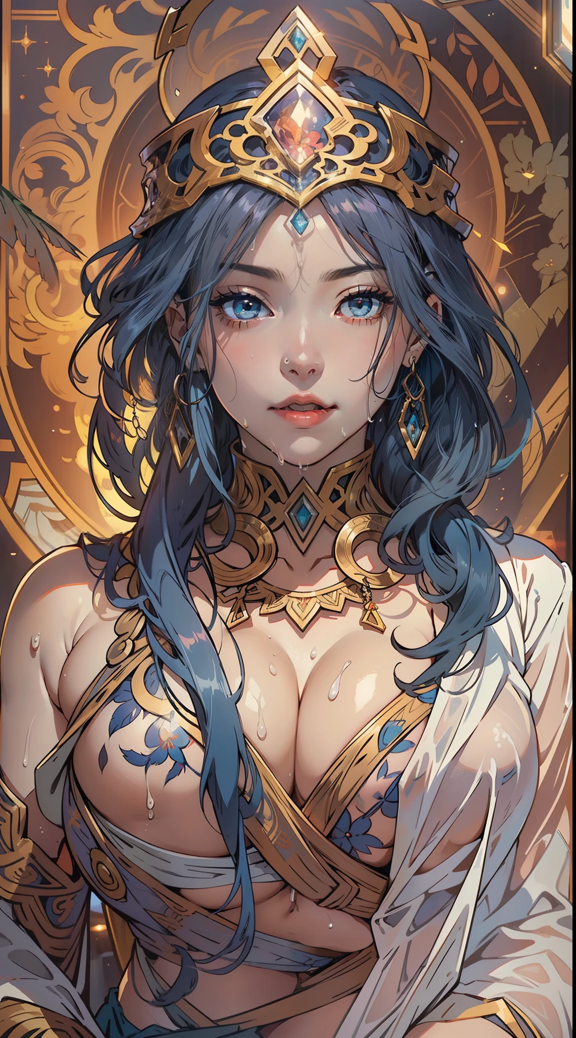 beautiful female warrior, Alphonse Mucha's style, light reflections, voluminetric lighting,sexy big breasts exposed,1female,aged 40,Huge breasts,, 独奏,(Background with:space), She has long flowing hair, standing on your feet,Sweat profusely,drenched all over the body,,blue color eyes,frontage, curlies,classicism,(((tmasterpiece),(Very detailed CG unity 8K wallpaper),best qualtiy,cinmatic lighting,detailed back ground,beatiful detailed eyes,Bright pupils,(Very fine and beautiful),(Beautiful and detailed eye description),ultra - detailed,tmasterpiece,)),facing at camera,A high resolution,ultra - detailed),熟妇,mature,revealing breasts,facing at camera,Flushed complexion,Orgasmic face,Camel toes,with no underpants,frontage,Beautiful and sexy full-body photo,((独奏)),