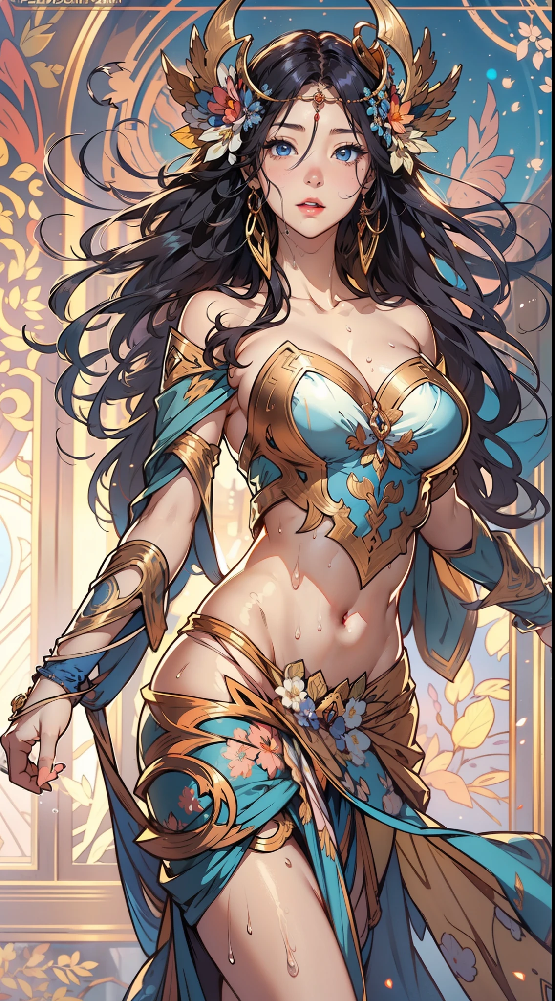 beautiful female warrior, Alphonse Mucha's style, light reflections, voluminetric lighting,sexy big breasts exposed,1female,aged 40,Huge breasts,, 独奏,(Background with:space), She has long flowing hair, standing on your feet,Sweat profusely,drenched all over the body,,blue color eyes,frontage, curlies,classicism,(((tmasterpiece),(Very detailed CG unity 8K wallpaper),best qualtiy,cinmatic lighting,detailed back ground,beatiful detailed eyes,Bright pupils,(Very fine and beautiful),(Beautiful and detailed eye description),ultra - detailed,tmasterpiece,)),facing at camera,A high resolution,ultra - detailed),熟妇,mature,revealing breasts,facing at camera,Flushed complexion,Orgasmic face,Camel toes,with no underpants,frontage,Beautiful and sexy full-body photo,((独奏)),