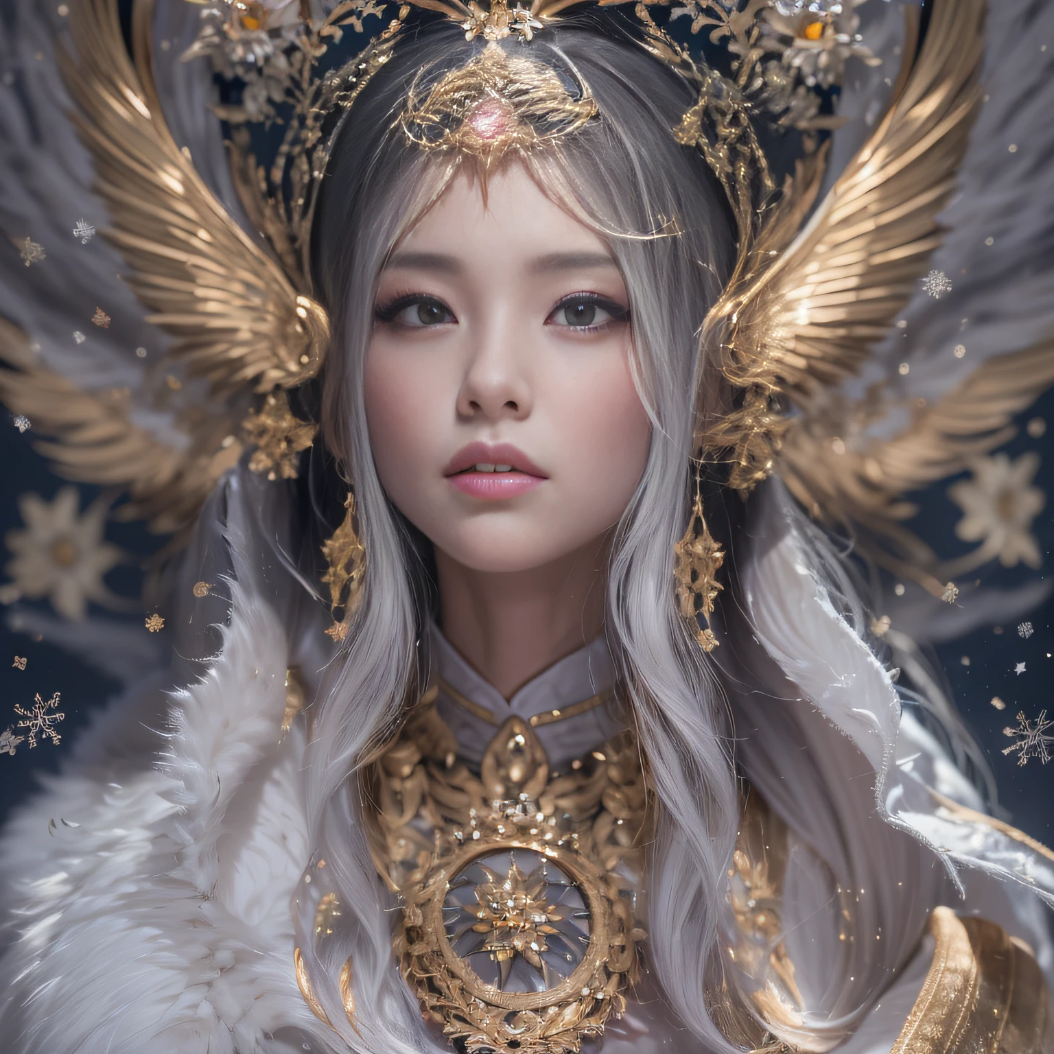 16k(tmasterpiece,k hd,hyper HD,16k)short detailed hair,Gold jewelry area in the back room,King Girl ,Silver Dragon Protector (realisticlying:1.4),Python pattern robe,Purple-pink tiara,Snowflakes fluttering,The background is pure,Hold your head high,Be proud,The nostrils look at people, A high resolution, the detail, RAW photogr, Sharp Re, Nikon D850 Film Stock Photo by Jefferies Lee 4 Kodak Portra 400 Camera F1.6 shots, Rich colors, ultra-realistic vivid textures, Dramatic lighting, Unreal Engine Art Station Trend, cinestir 800,Hold your head high,Be proud,The nostrils look at people