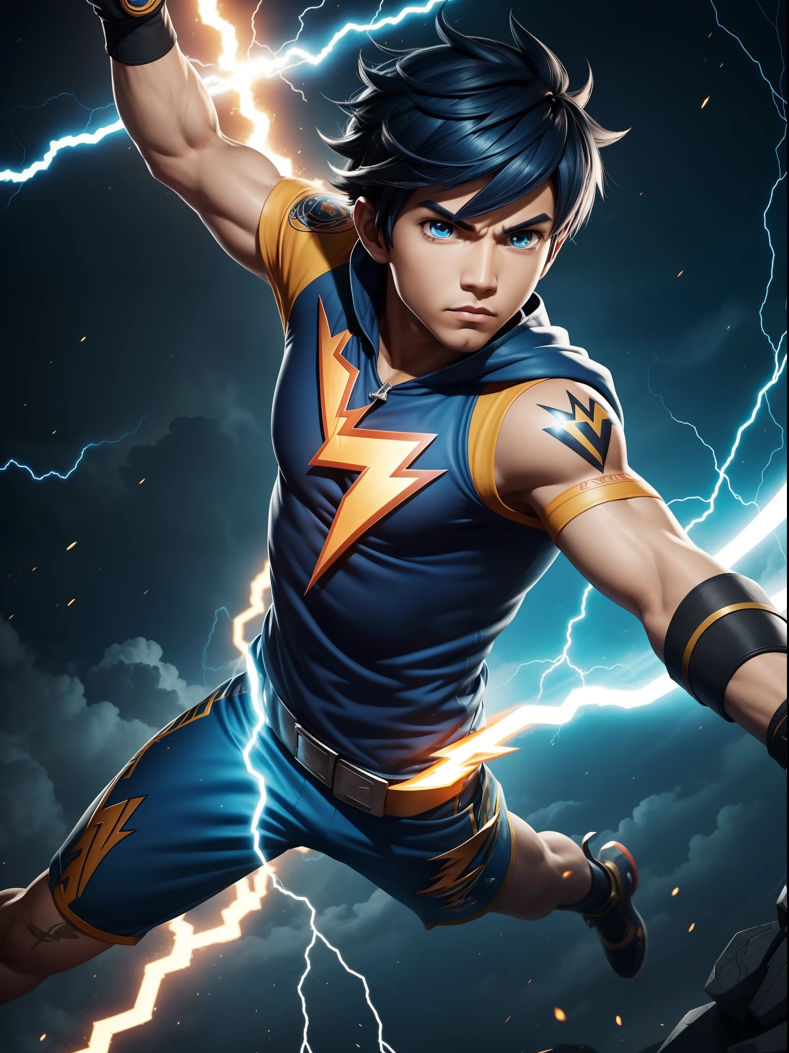 BoBoiBoy Lightning is one of the main power variants of the BoBoiBoy character. He has an appearance full of energy and spirit. Its body has a bright blue color that represents the element of lightning. His hair stood straight up and was yellow, as if he was always in a state of gasp. BoBoiBoy Lightning's eyes glowed with amber that reflected passion and courage. On his arm, there is a tattoo of the lightning bolt symbol running from his wrist to his elbow, adding a cool and powerful touch to his look. When BoBoiBoy Lightning uses his powers, lightning and flashes of light can be seen emitting from all over his body, giving off the impression that he is a formidable and uncontrollable force of nature. His lightning powers allow him to unleash powerful electric attacks and glide swiftly, creating an aura of courage and heroism in battle.