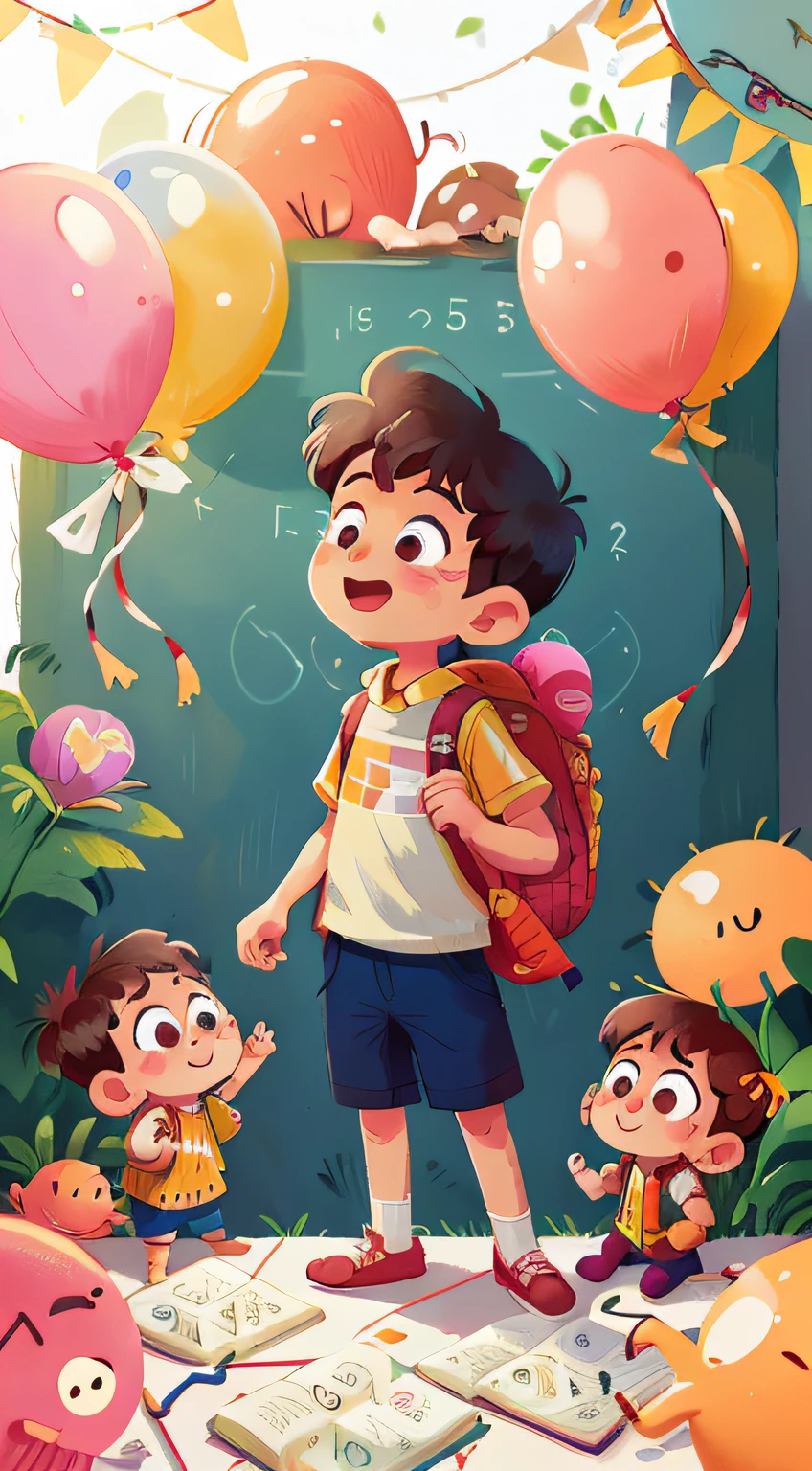 A boy,  back to school, white background,
, many balloons, happy, happy, perfect quality, clear focus (clutter - home: 0.8), (masterpiece: 1.2) (realistic: 1.2) (bokeh) (best quality) (detailed skin: 1.3) (complex details) (8K) (detail eyes) (sharp focus), (happy) full body, two children, clean background,white background, long view composition, 85MM SHOT