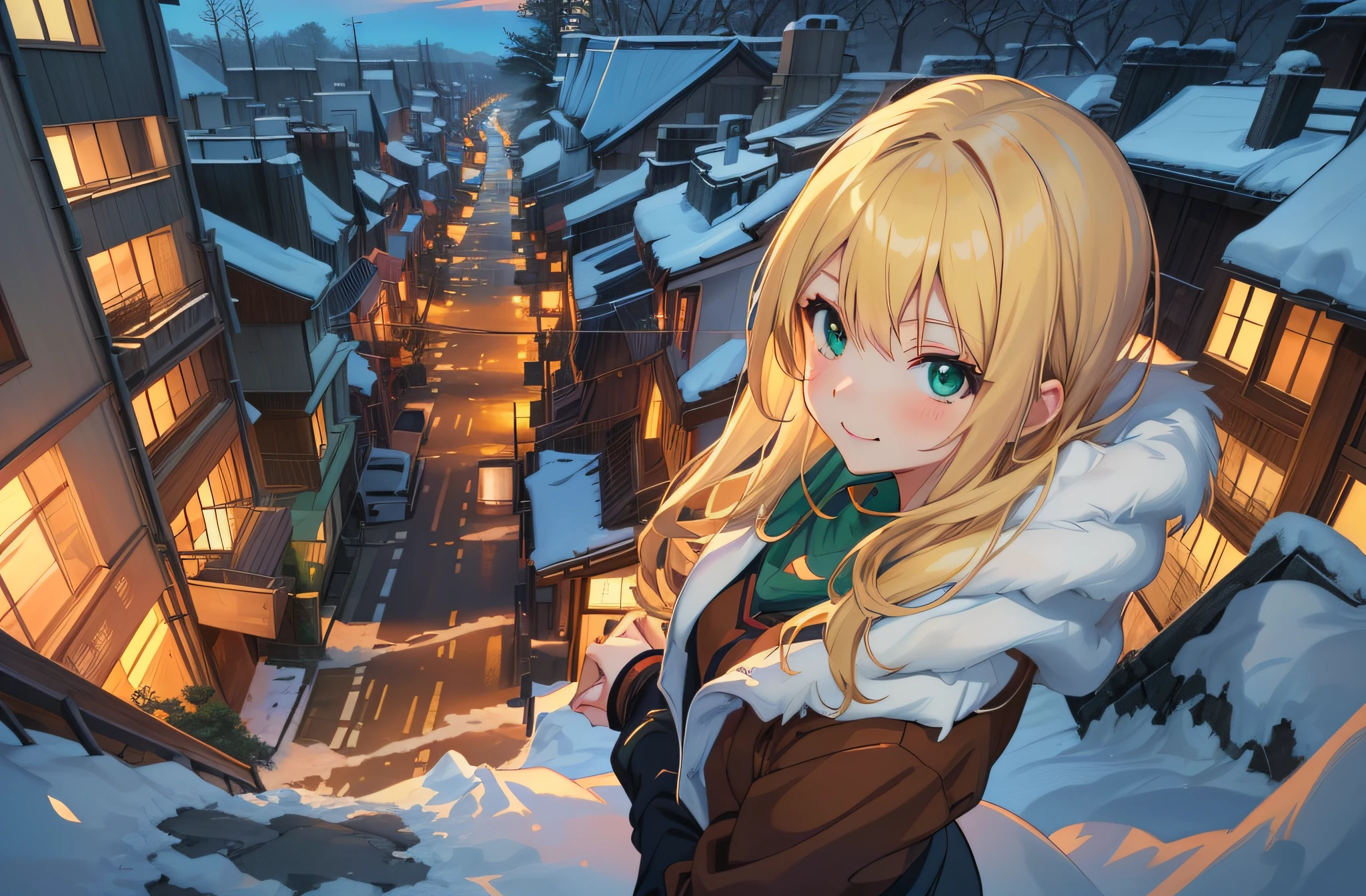 Anime girl with blonde hair and green eyes standing on snowy road, anime style 4 k, Anime visuals of cute girls, A smile、」blonde anime girl with long hair, anime art wallpaper 4k, anime art wallpaper 4k, Anime art wallpaper 8k, anime wallpaper 4k, 4k anime wallpaper, anime wallpaper 4 k, Cute anime girl, kawacy