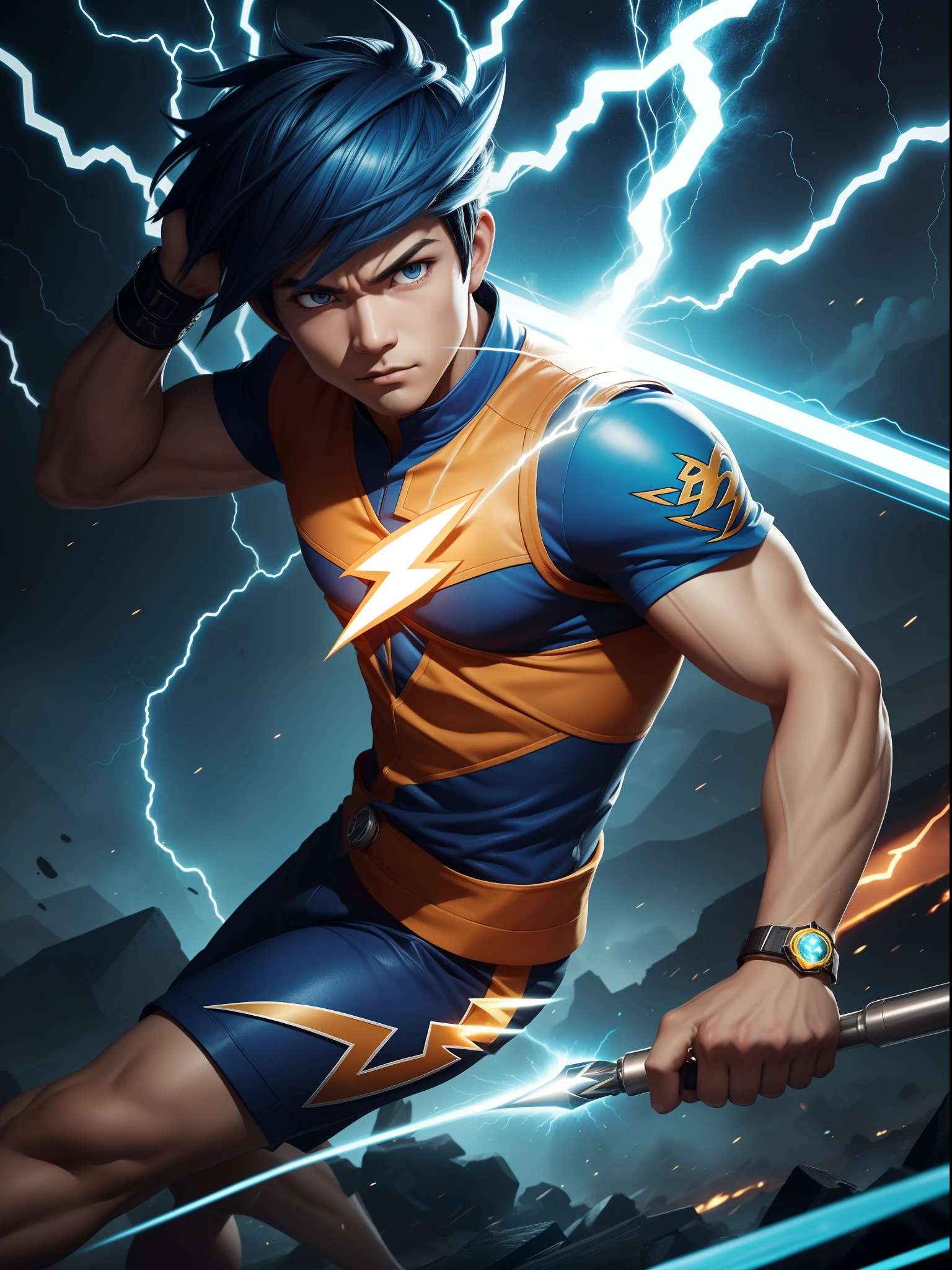 BoBoiBoy Lightning is one of the main power variants of the BoBoiBoy character. He has an appearance full of energy and spirit. Its body has a bright blue color that represents the element of lightning. His hair stood straight up and was yellow, as if he was always in a state of gasp. BoBoiBoy Lightning's eyes glowed with amber that reflected passion and courage. On his arm, there is a tattoo of the lightning bolt symbol running from his wrist to his elbow, adding a cool and powerful touch to his look. When BoBoiBoy Lightning uses his powers, lightning and flashes of light can be seen emitting from all over his body, giving off the impression that he is a formidable and uncontrollable force of nature. His lightning powers allow him to unleash powerful electric attacks and glide swiftly, creating an aura of courage and heroism in battle.