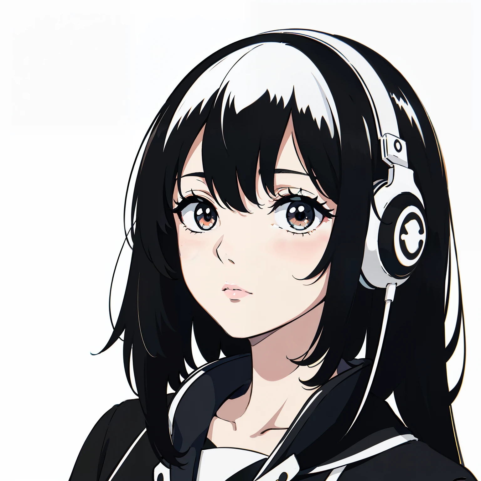 Nonchalant expression, black and white, disheveled fringe, medium messy hair, alluring look, black and white,Black and white painting,White background,Side Face,Over-ear headphones, large ear cups,relaxed browsEyes closed peacefully,fingers touching hair