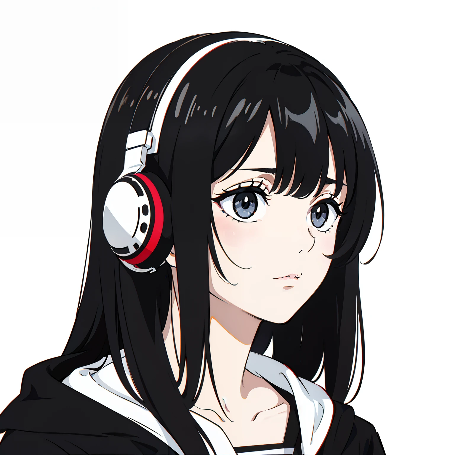 Nonchalant expression, black and white, disheveled fringe, medium messy hair, alluring look, black and white,Black and white painting,White background,Side Face,Over-ear headphones, large ear cups,relaxed browsEyes closed peacefully,fingers touching hair