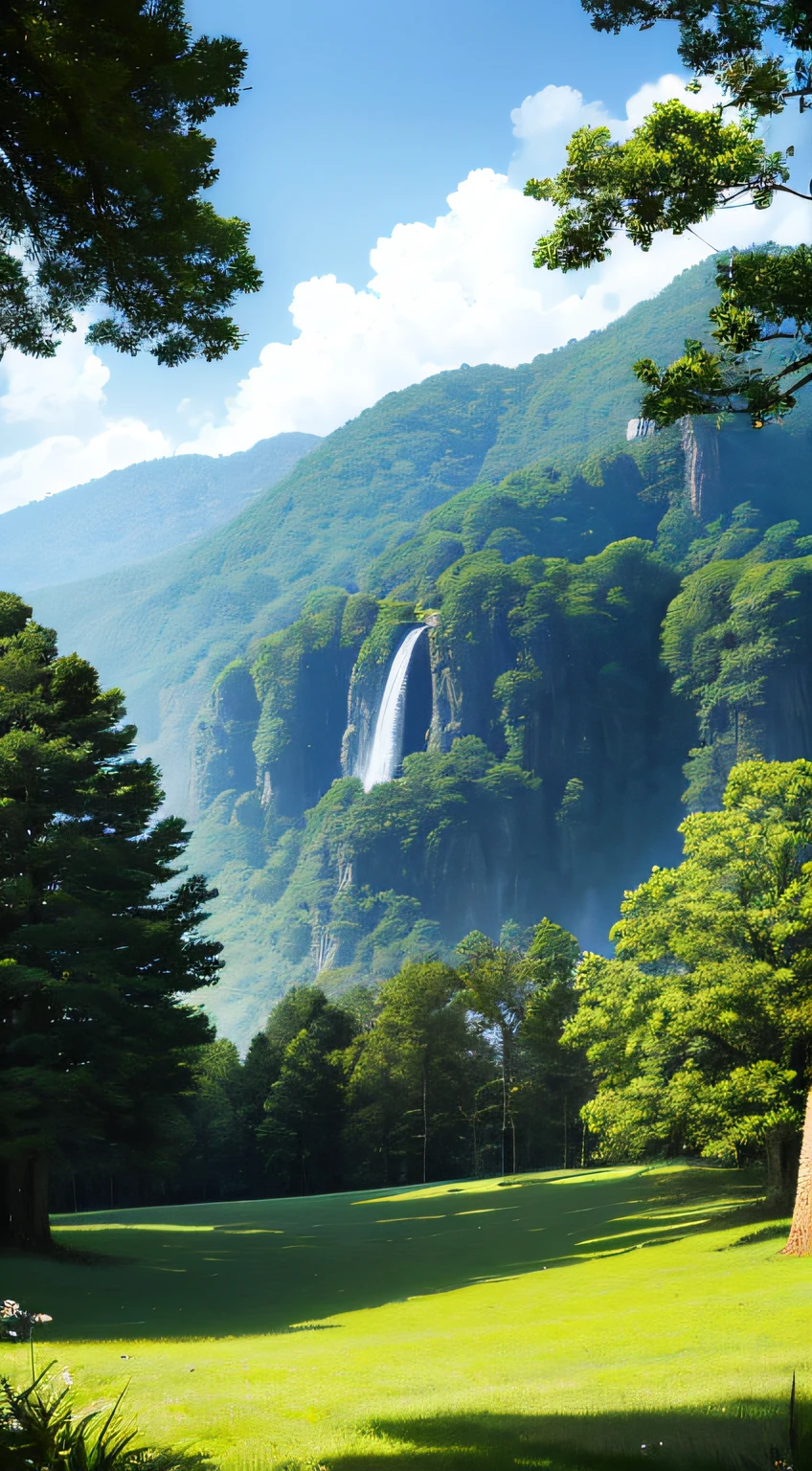 Clouds、Blue sky、big trees,vine,Pure scenery,Don't show up characters+1.5, Quiet and idyllic,high definition detail、Ultra-detailed and refined presentation,Cinematic surrealism,Soft light on the background,Deep focus and bokeh effects,Ray tracing and surrealist art style