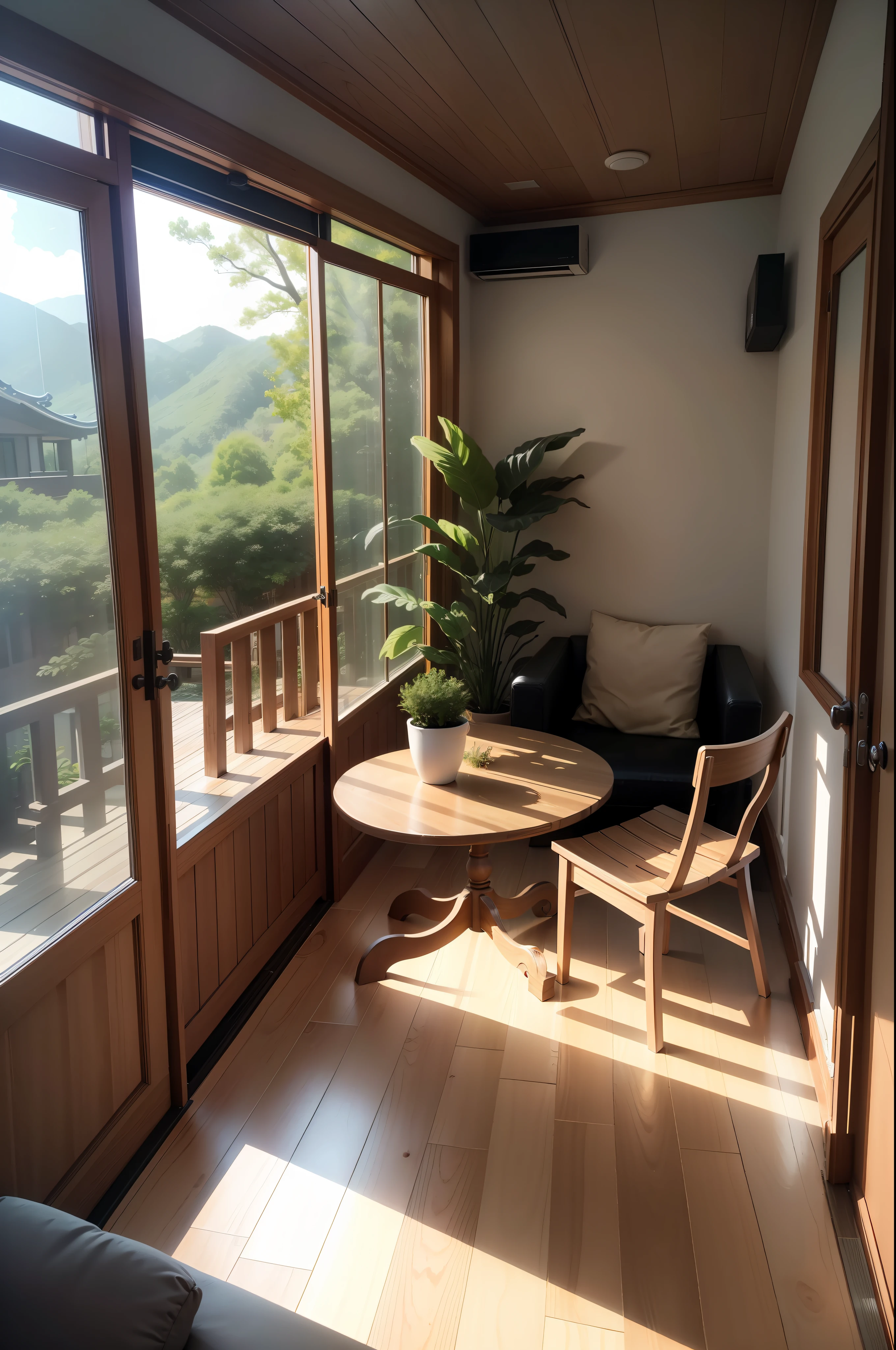 interior design、Insanely detailed wide-angle architectural photo、Cozy contemporary living room、(Bright and warm sunlight 1:0.1)、Award-winning contemporary interior design、landscapes、The table、a chair、in a house、Wooden flooring、window、resturant、east asian east asian architecture、sliding paper doors、abajour、architectural、the woods、naturey、cups、a plant、interior design、Insert lighting and shadows、depth of fields、low illuminance
