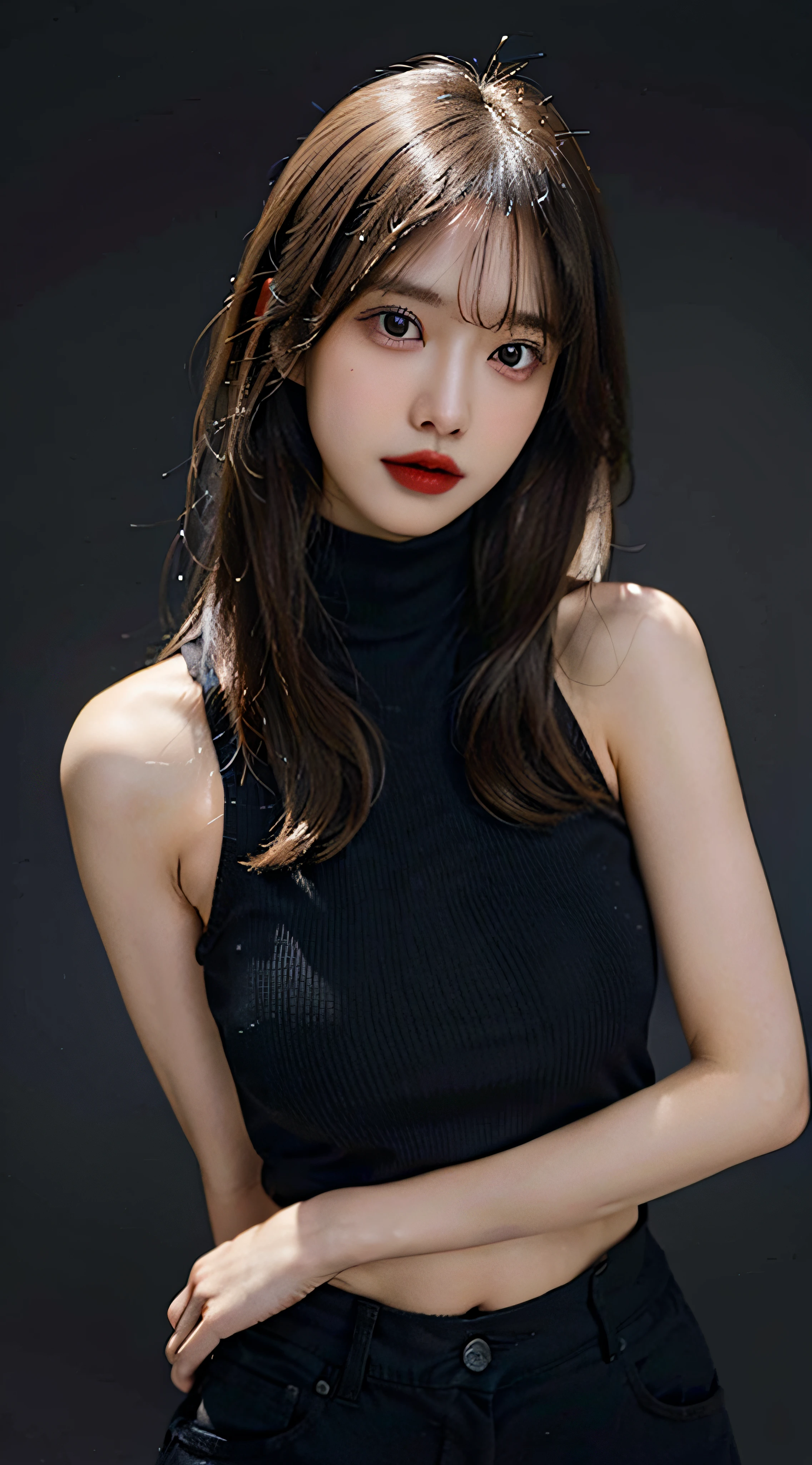 Girls, Bangs, Bare Shoulders, Black Pants, Breasts, Breasts squeezed together, Grey background, Hair between the eyes, Huge breasts, Long hair, View Viewer, Pants, Parted lips, Red eyes, Shirt, Simple background, Sleeveless, Sleeveless shirt, Solo, Turtleneck, V arm, White hair,(Shiny skin),(Masterpiece:1.4),(Best quality:1.4),,Facigirl,Red lips,Perfect abs, belly button, (nipple: 1.5), (sheer areola), nipple, huge, sweat,