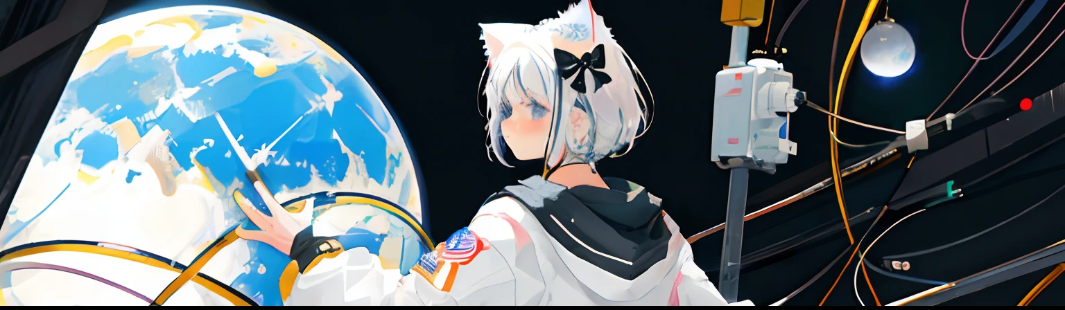 1girll, Solo, cosmic space, Huge planet, earth, kosmos, Astronaut, White hair, , Black eyes, Small bow, Cat ears, electrical wires, conduit,