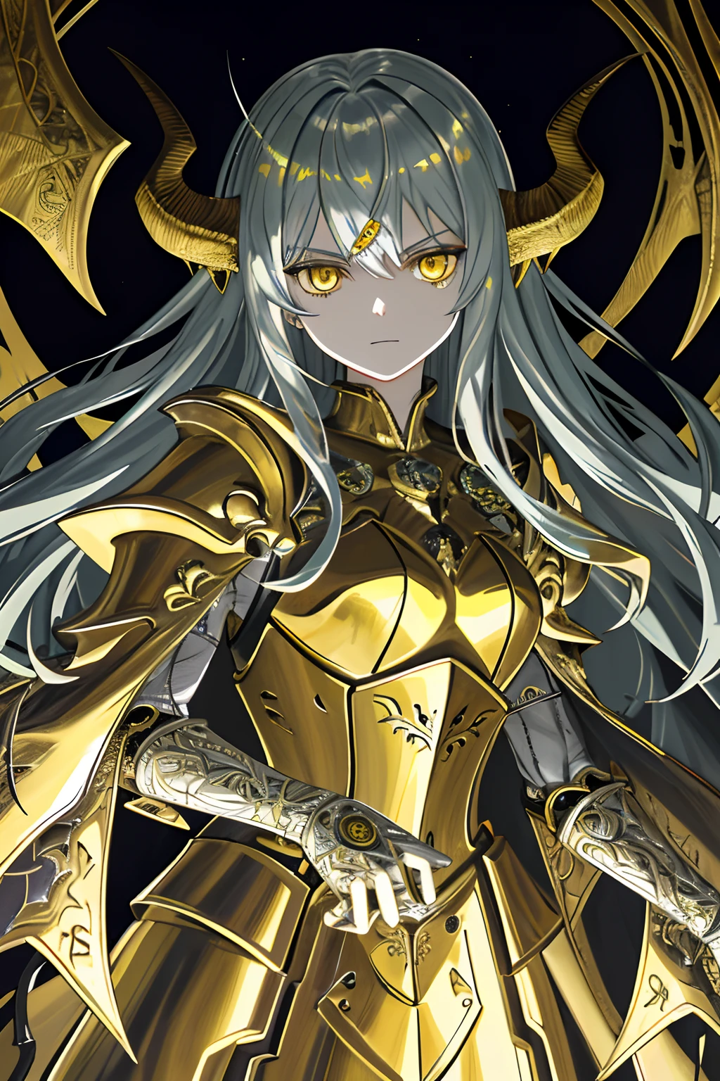 best quality,highly detailed,masterpiece,ultra-detailed,illustration,expressionless,indifference,yellow eyes,metal,{silver armor},extremely detailed CG unity 8k wallpaper,{anger},complex pattern,best quality,corner,illustration,{1 girl},wet skin,horns,cape,{masterpiece},{green hair}