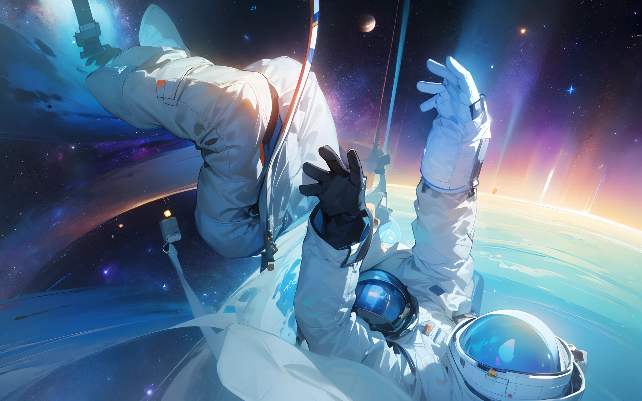 Astronauts raise their hands in space, space walk scene, an astronaut floating in space, astronaut in space, an astronaut relaxing in space, astronaut floating in space, astronaut in space, spacewalk, astronaut lost in liminal space, Floating in outer space, Floating in space, weightless in space, Flying in space, floating in deep space