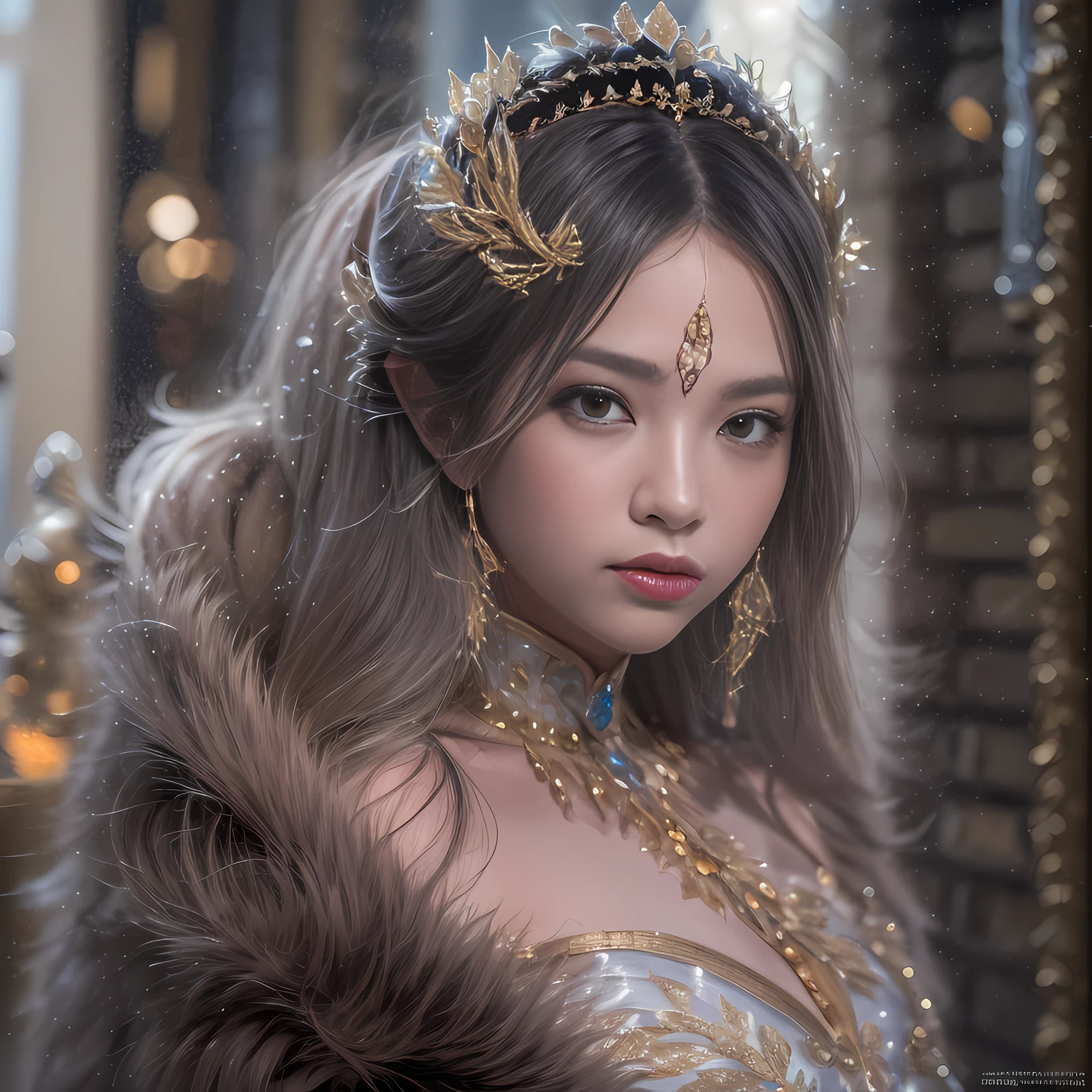 16k(tmasterpiece,k hd,hyper HD,16k)short detailed hair,Gold jewelry area in the back room,King Girl ,Silver Dragon Protector (realisticlying:1.4),Python pattern robe,Purple-pink tiara,Snowflakes fluttering,The background is pure,Hold your head high,Be proud,The nostrils look at people, A high resolution, the detail, RAW photogr, Sharp Re, Nikon D850 Film Stock Photo by Jefferies Lee 4 Kodak Portra 400 Camera F1.6 shots, Rich colors, ultra-realistic vivid textures, Dramatic lighting, Unreal Engine Art Station Trend, cinestir 800,Hold your head high,Be proud,The nostrils look at people