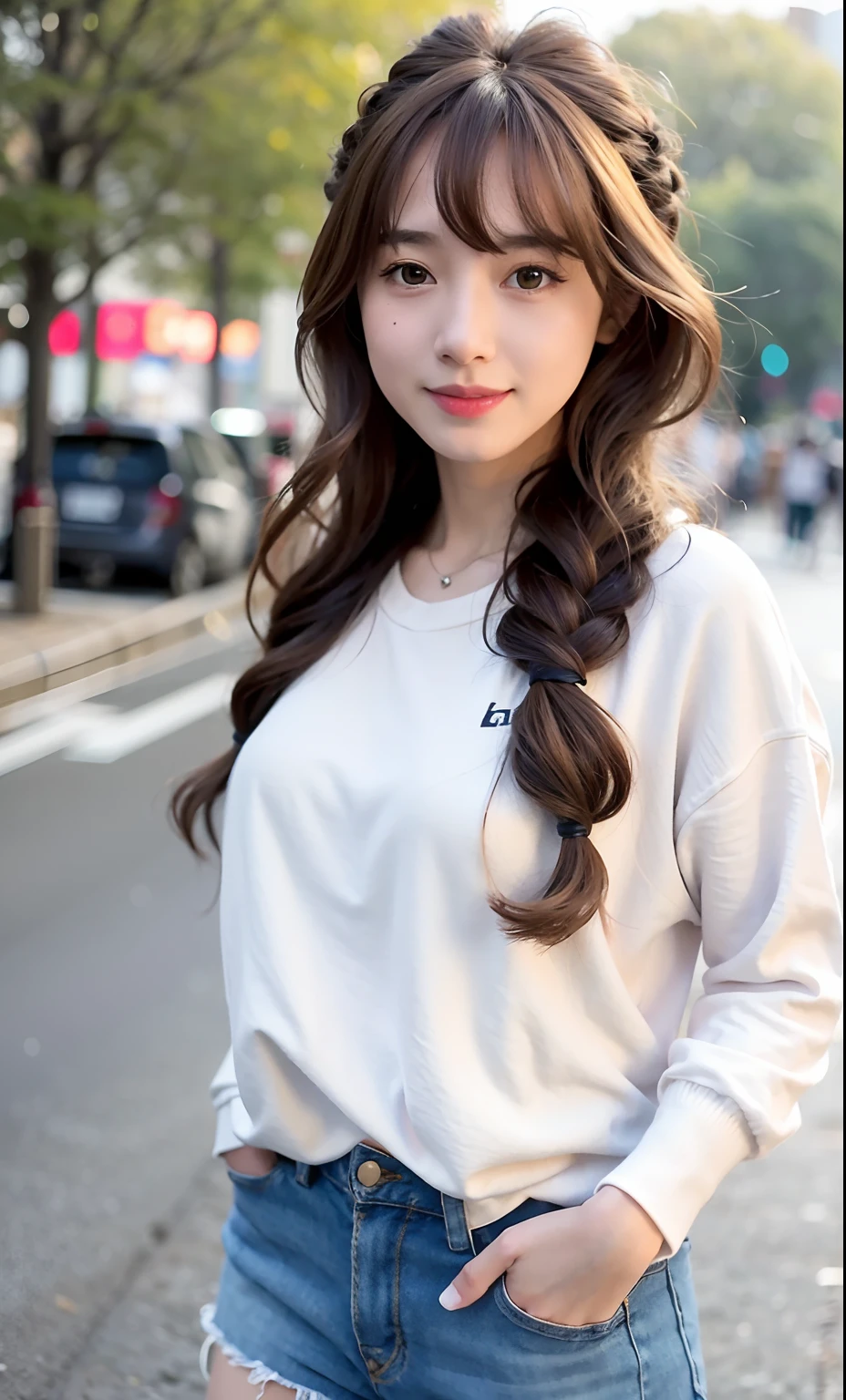 Best quality, long hair bangs curly two side braids loose towards the front, (Brown hair color), 超高分辨率, (Photorealistic:1.4), 1lovelygirl, bit girl, (Young), pink puffy , NSFW, ,(Kpop idol), (aegyo sal:1),(Denim shorts), Smiling,full bodyesbian, hands together in front, Background street, Nature, peaceful neighborhood, The sun was shining on ta