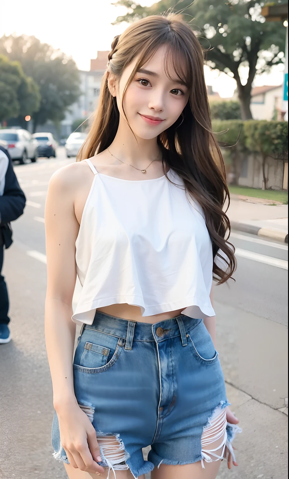 Best quality, long hair bangs curly two side braids loose towards the front, (Brown hair color), 超高分辨率, (Photorealistic:1.4), 1lovelygirl, bit girl, (Young), pink puffy , NSFW, ,(Kpop idol), (aegyo sal:1),(Denim shorts), Smiling,full bodyesbian, hands together in front, Background street, Nature, peaceful neighborhood, The sun was shining on ta