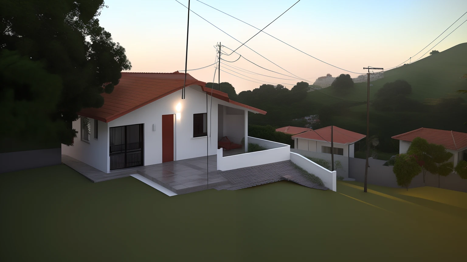 There is a small white house with a red roof and a red tile roof, Lumion Pro Rendering, Directed by: CeFerí Olivé, vista externa, Vista exterior, Casa completa, imagem frontal, casa de aldeia, Location ( favela ), visto de fora, uma casa, Casa colonial no fundo, by Rodolfo Amoedo, Casas, Directed by: Willian Murai, vista frontal, casa velha, vista frontal