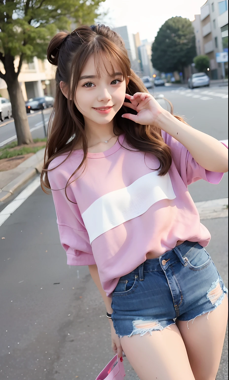 Best quality, long hair bangs curly two side braids loose towards the front, (Brown hair color), 超高分辨率, (Photorealistic:1.4), 1lovelygirl, bit girl, (Young), pink puffy , NSFW, ,(Kpop idol), (aegyo sal:1),(Denim shorts), Smiling,full bodyesbian, hands together in front, Background street, Nature, peaceful neighborhood, The sun was shining on Lolita